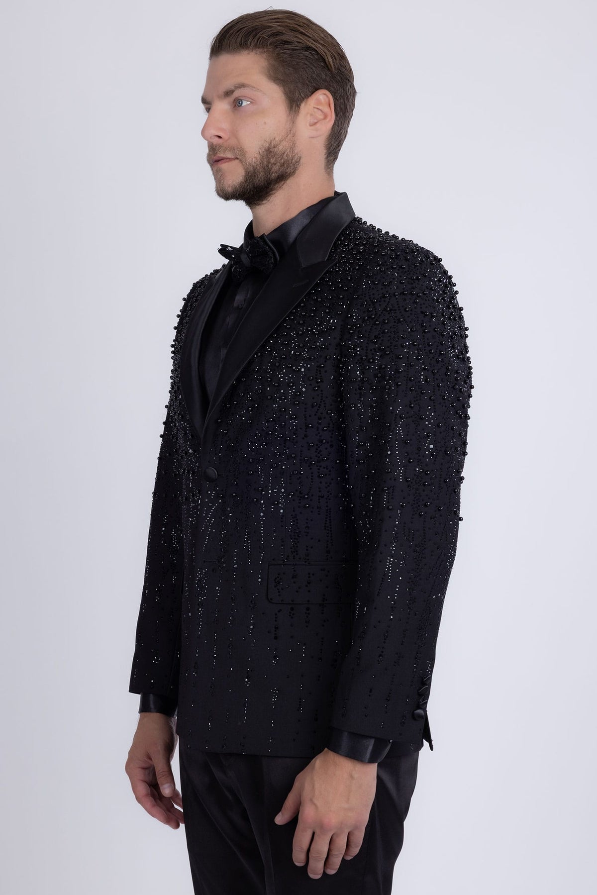 Barabas Men's Rhinestones Beaded Design Peak Lapel Blazer 5EBL01 Black