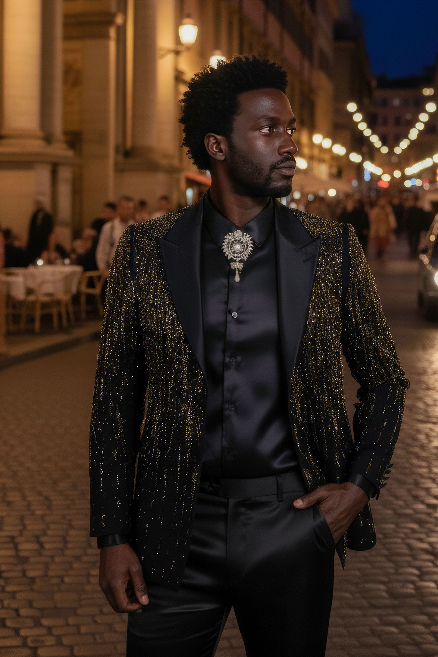 Barabas Men's Rhinestones Beaded Design Peak Lapel Blazer 5EBL01 Black Gold