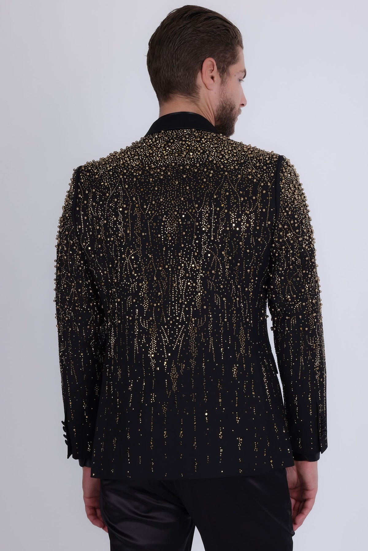 Barabas Men's Rhinestones Beaded Design Peak Lapel Blazer 5EBL01 Black Gold