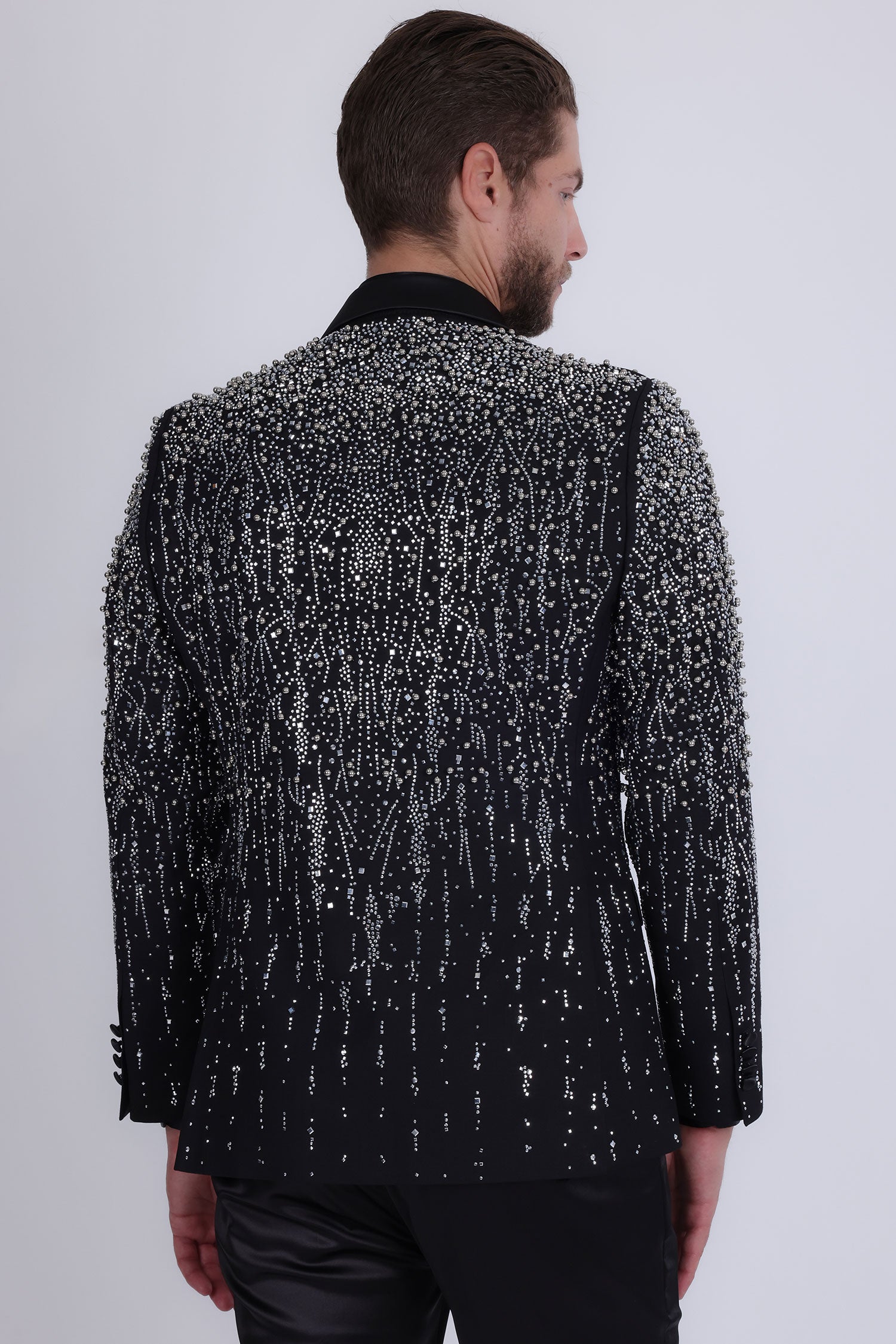 Barabas Men's Rhinestones Beaded Design Peak Lapel Blazer 5EBL01 Black Silver