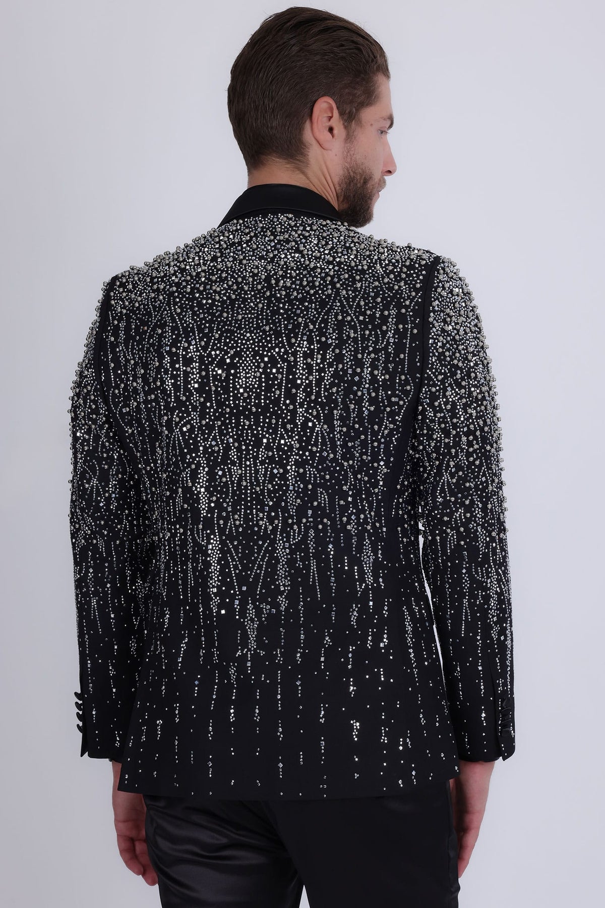 Barabas Men's Rhinestones Beaded Design Peak Lapel Blazer 5EBL01 Black Silver