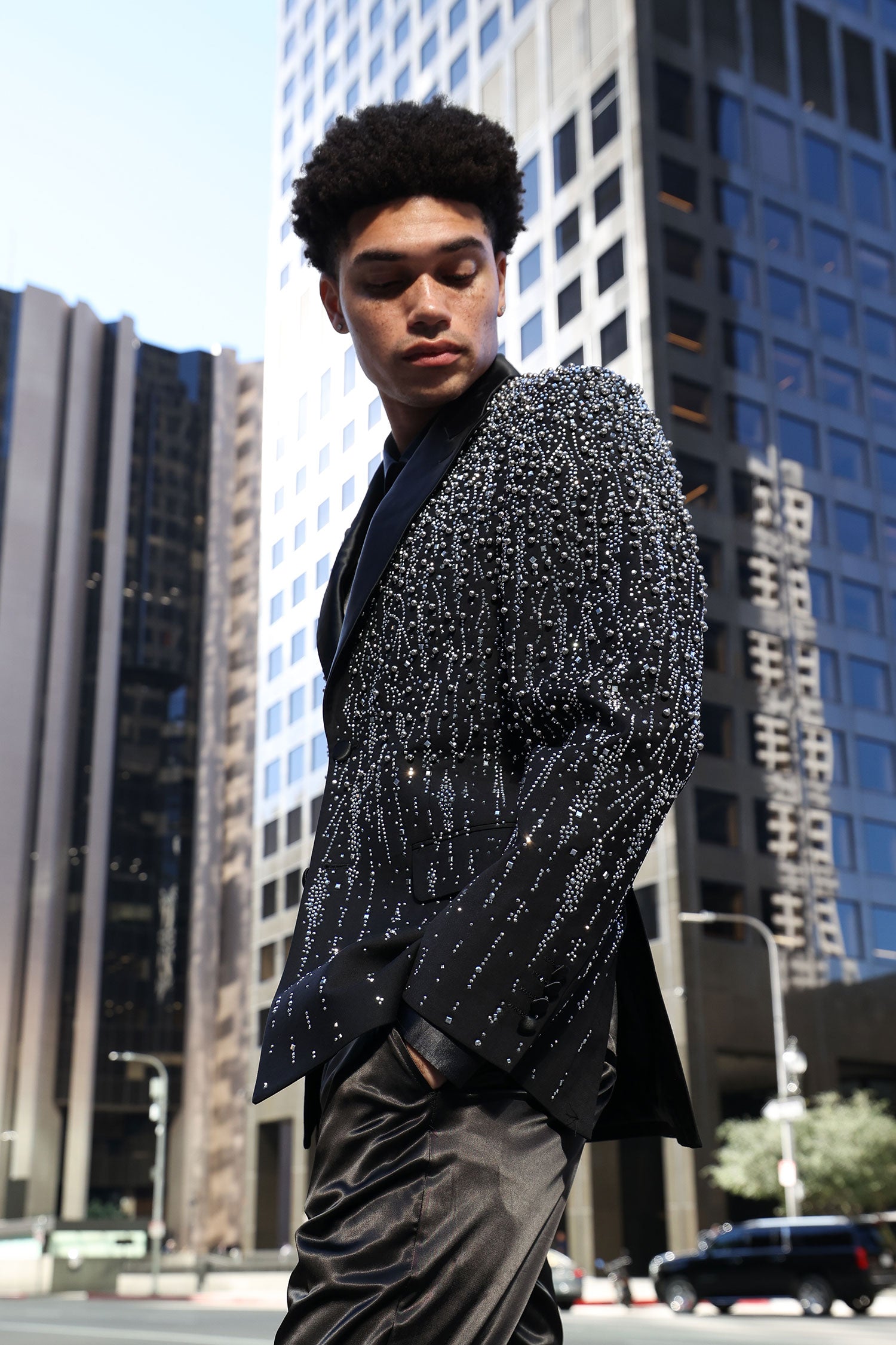 Barabas Men's Rhinestones Beaded Design Peak Lapel Blazer 5EBL01 Black Silver