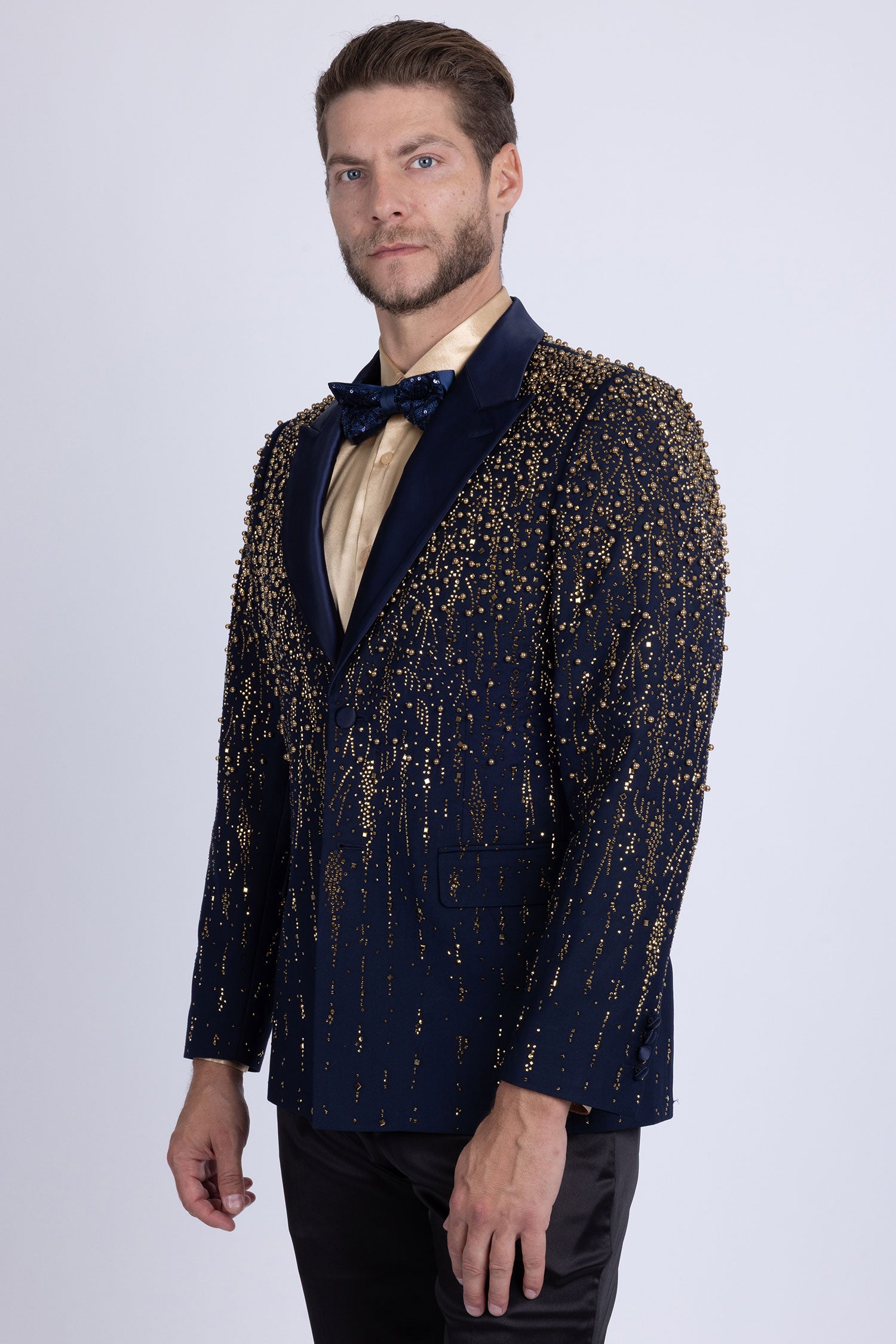 Barabas Men's Rhinestones Beaded Design Peak Lapel Blazer 5EBL01 Navy Gold