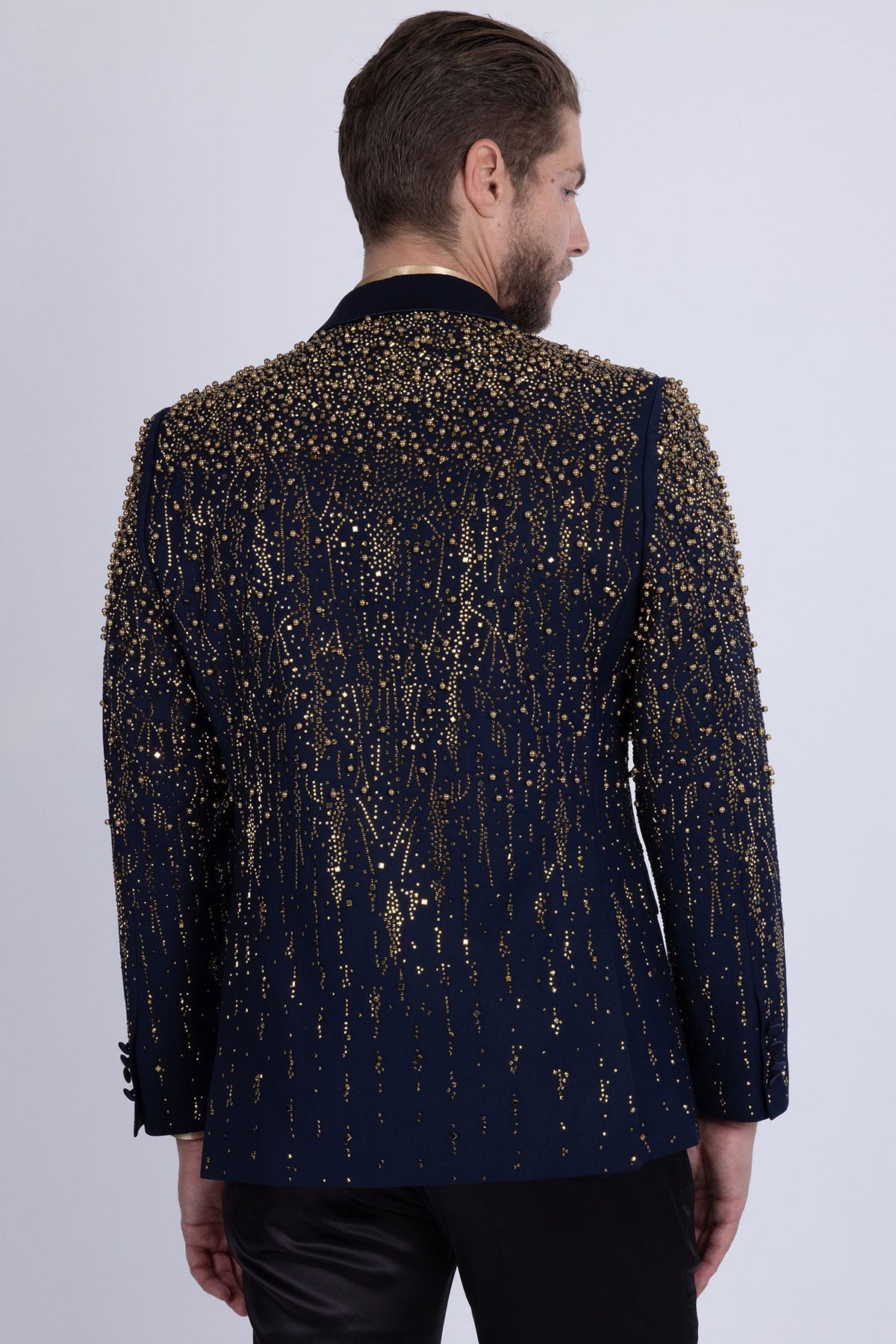 Barabas Men's Rhinestones Beaded Design Peak Lapel Blazer 5EBL01 Black Gold