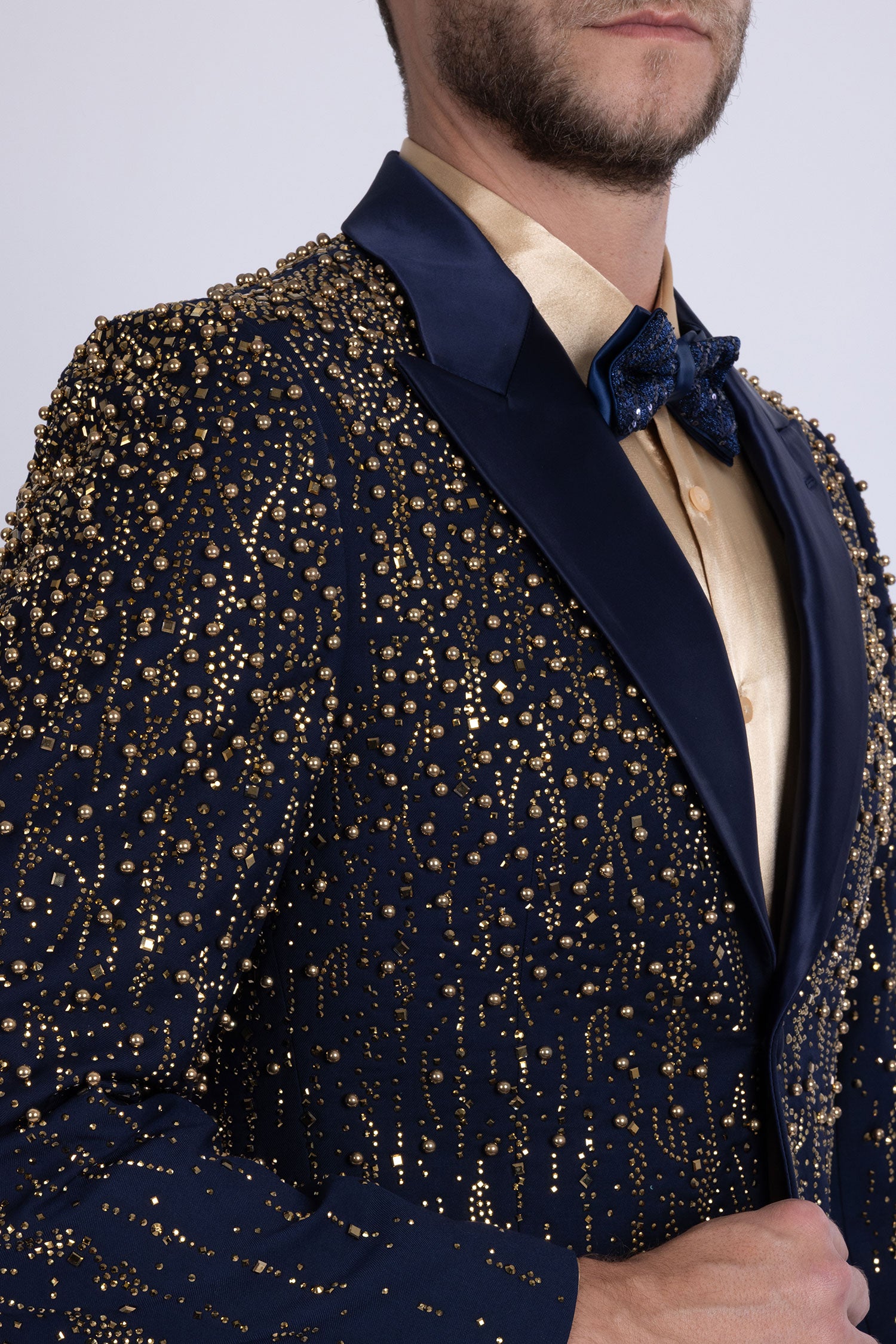 Barabas Men's Rhinestones Beaded Design Peak Lapel Blazer 5EBL01 Navy Gold