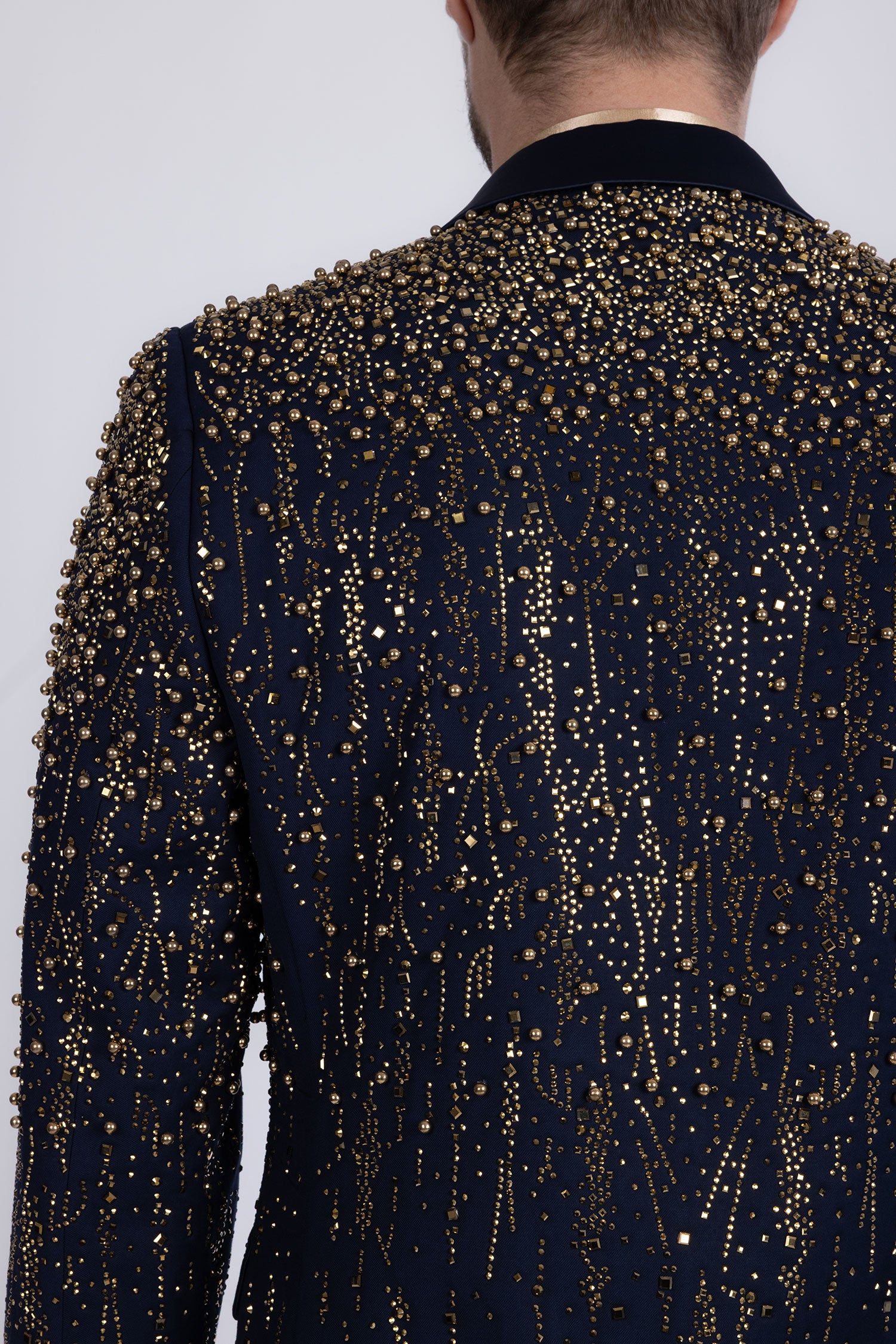 Barabas Men's Rhinestones Beaded Design Peak Lapel Blazer 5EBL01 Navy Gold