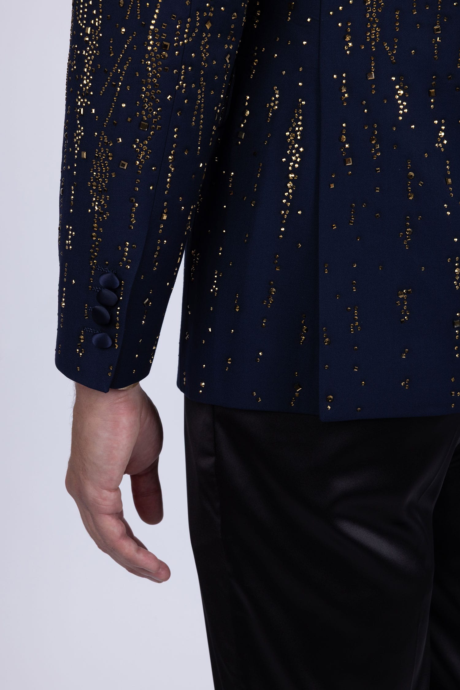 Barabas Men's Rhinestones Beaded Design Peak Lapel Blazer 5EBL01 Navy Gold