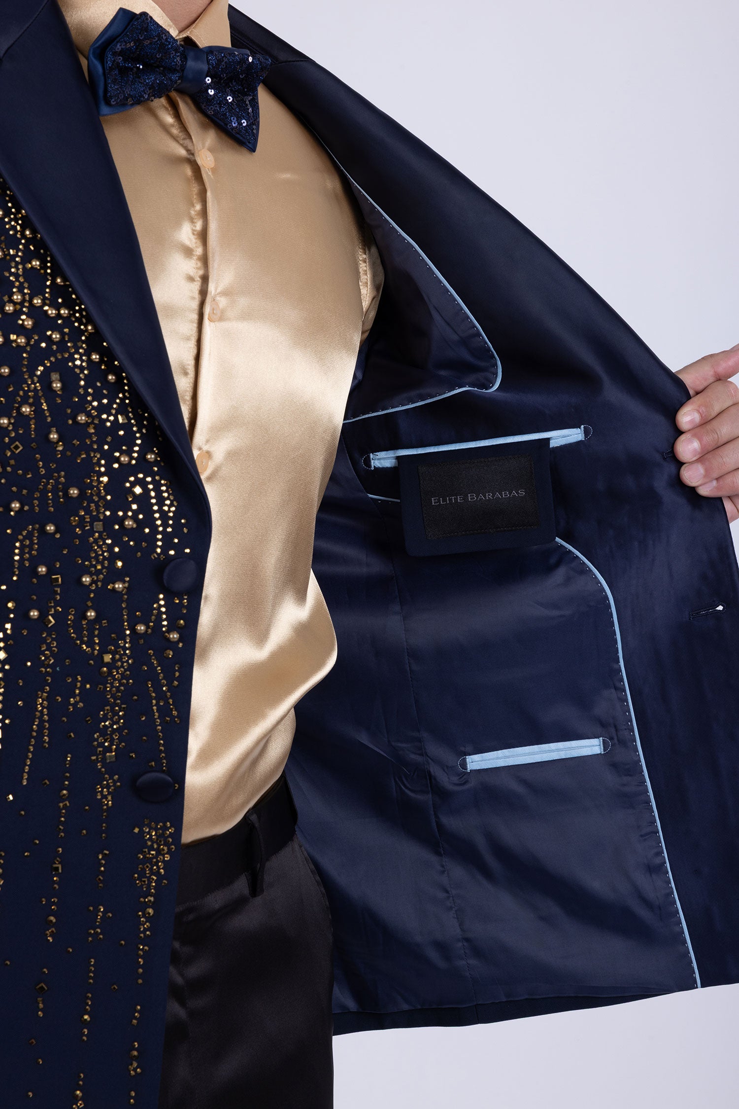 Barabas Men's Rhinestones Beaded Design Peak Lapel Blazer 5EBL01 Navy Gold