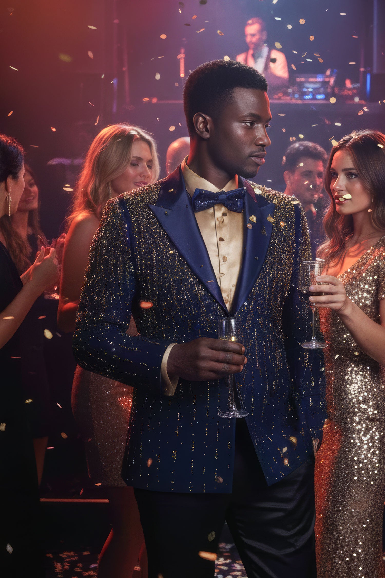 Barabas Men's Rhinestones Beaded Design Peak Lapel Blazer 5EBL01 Navy Gold