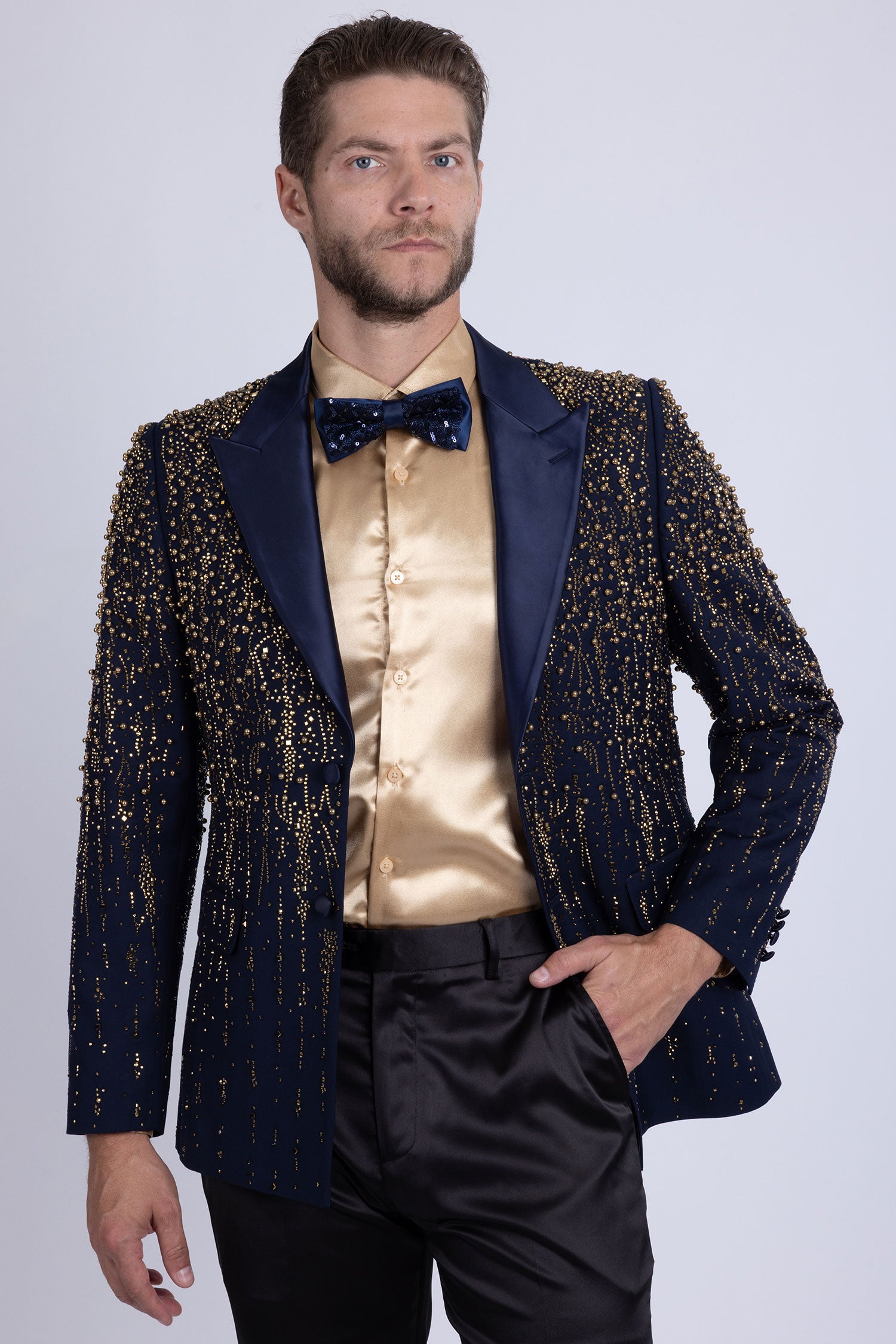 Barabas Men's Rhinestones Beaded Design Peak Lapel Blazer 5EBL01 Navy Gold