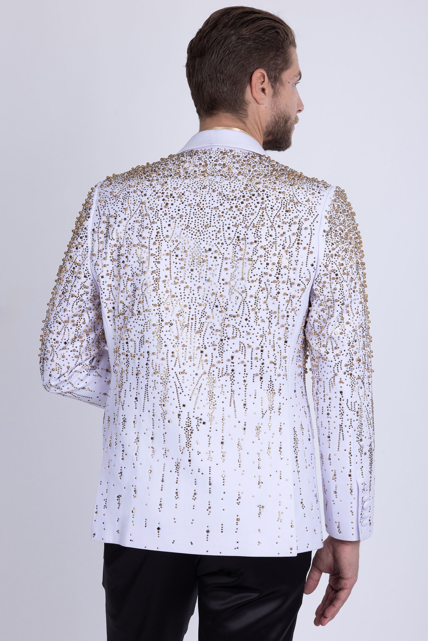 Barabas Men's Rhinestones Beaded Design Peak Lapel Blazer 5EBL01 White Gold