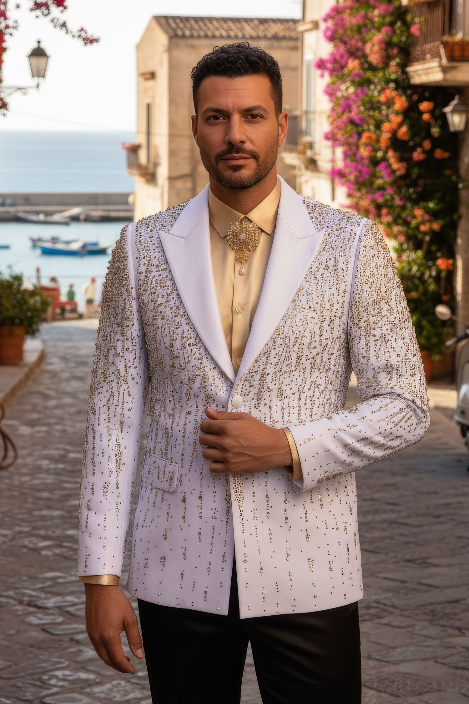 Barabas Men's Rhinestones Beaded Design Peak Lapel Blazer 5EBL01 White Gold