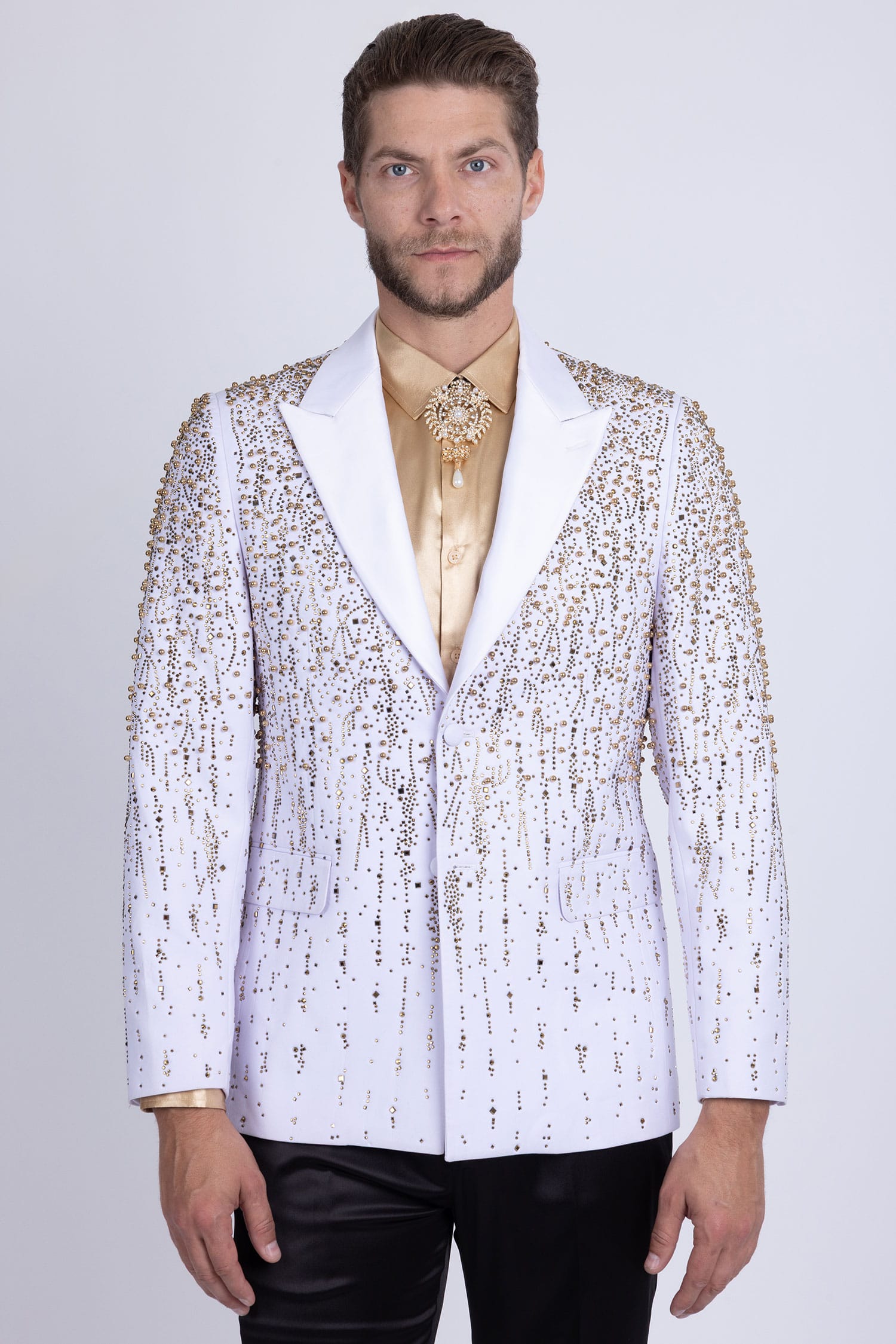 Barabas Men's Rhinestones Beaded Design Peak Lapel Blazer 5EBL01 White Gold
