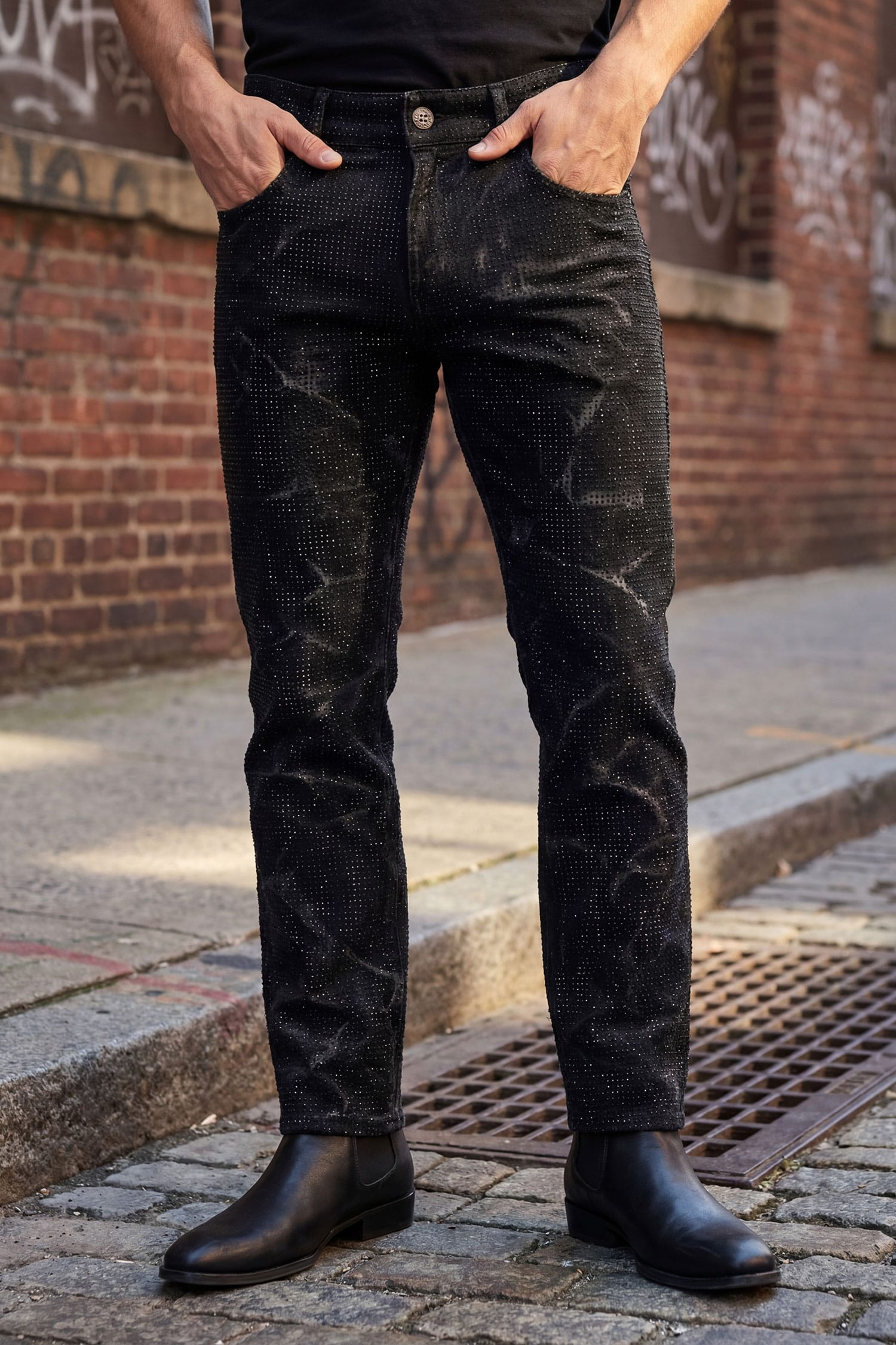 Barabas Men's Rhinestone Casual Denim Stretch Jeans 5ED01 Black