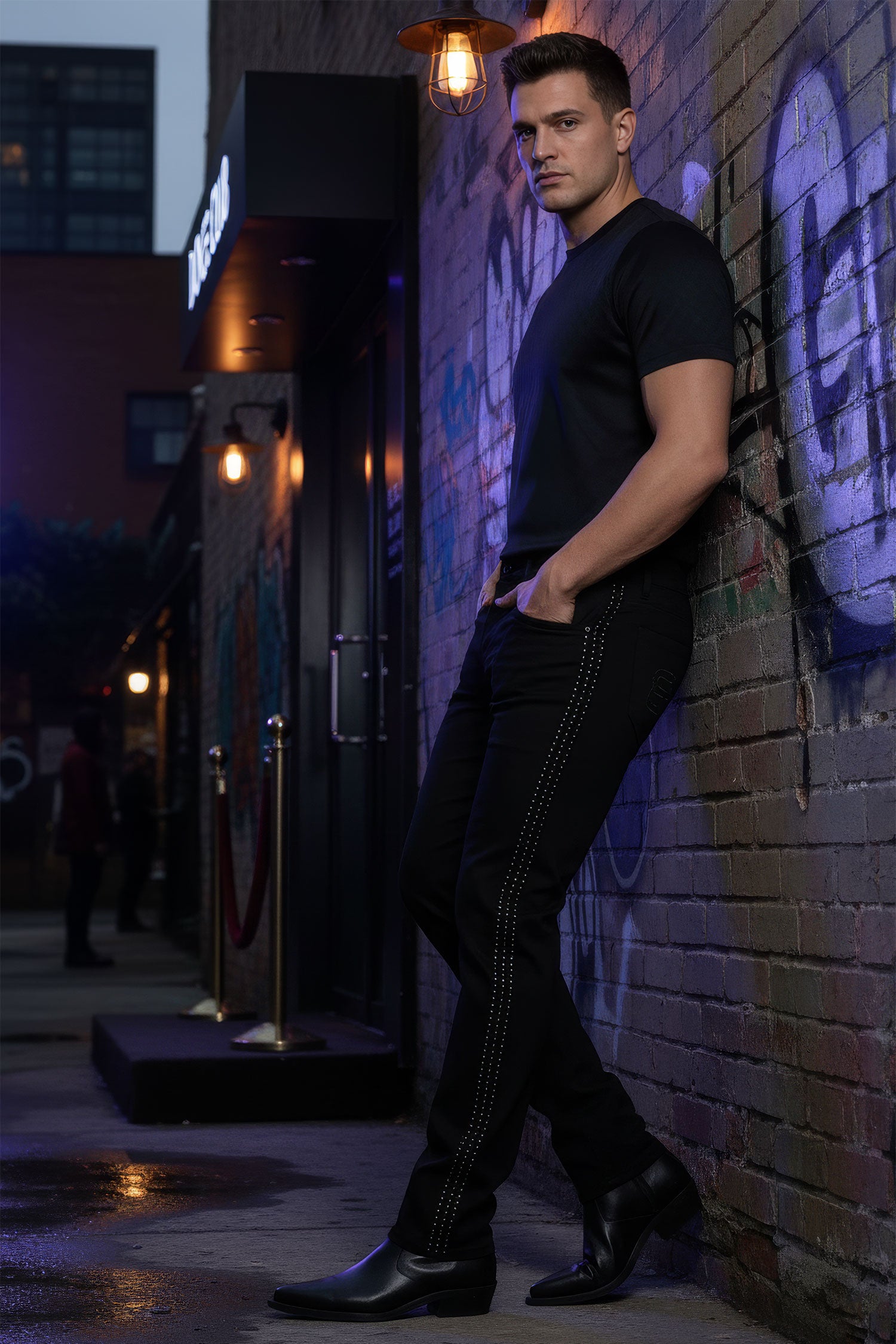 Barabas Men's Studded Stretchable Denim Solid Color Jeans 5ED04 Black