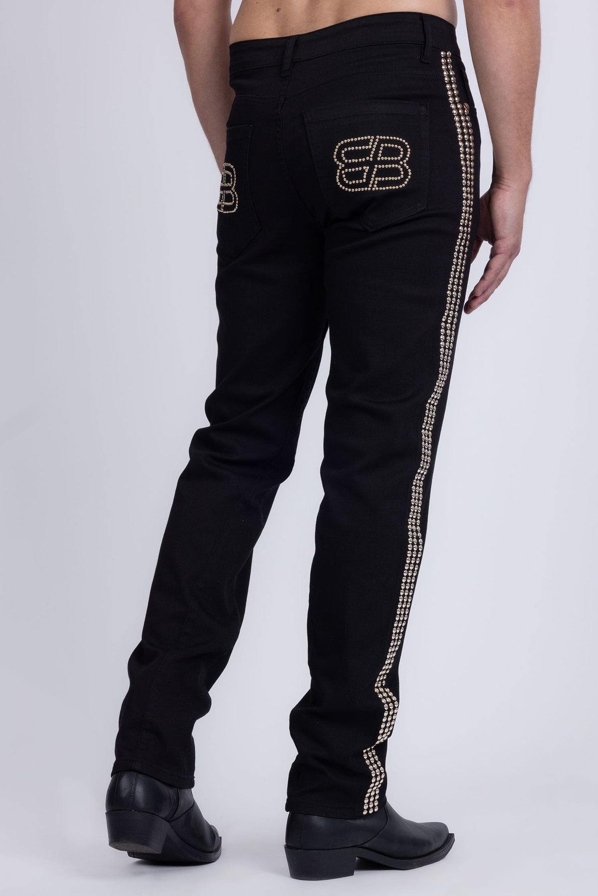Barabas Men's Studded Stretchable Denim Solid Color Jeans 5ED04 Black Gold