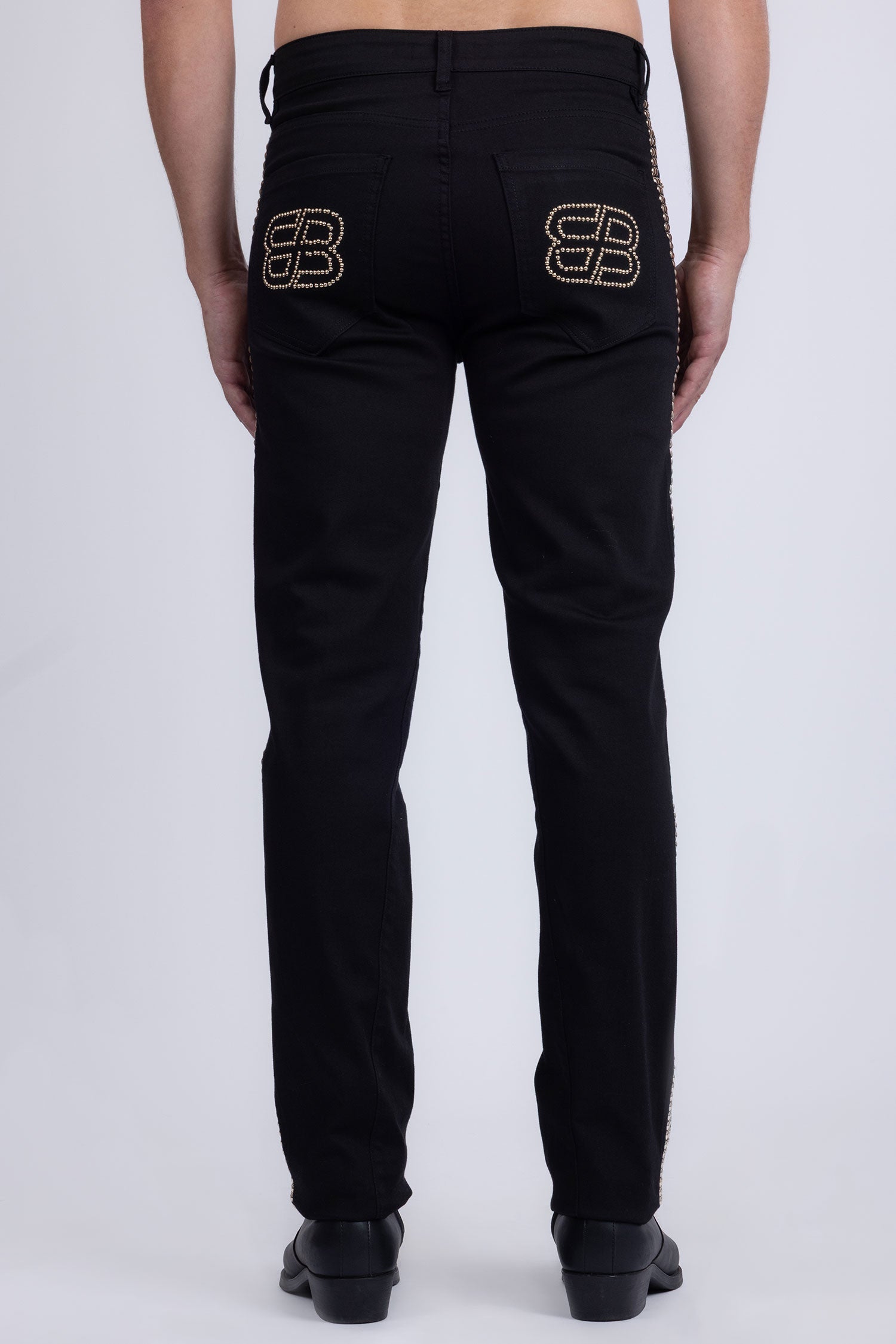 Barabas Men's Studded Stretchable Denim Solid Color Jeans 5ED04 Black Gold