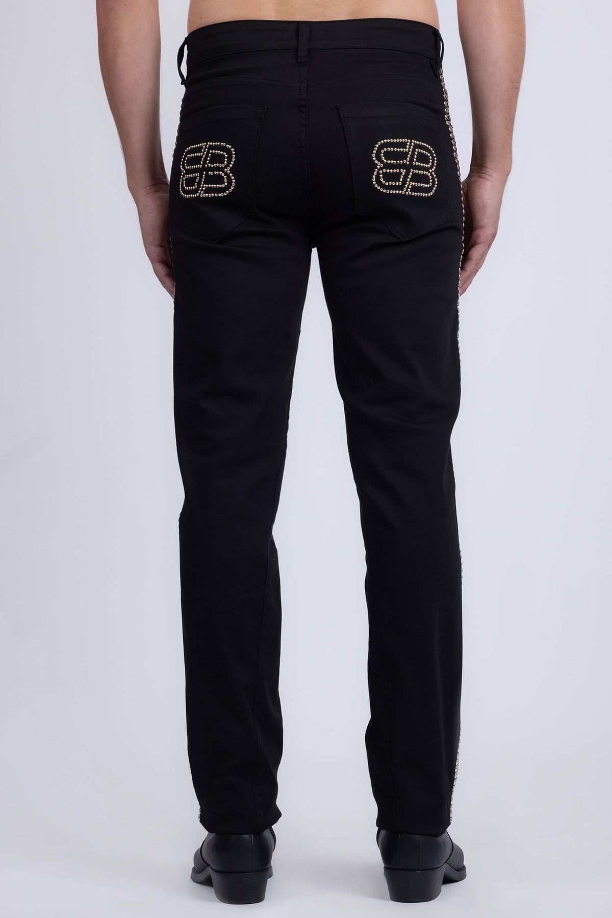 Barabas Men's Studded Stretchable Denim Solid Color Jeans 5ED04 Black Gold