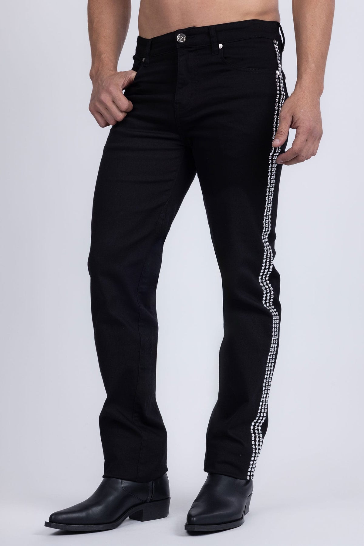 Barabas Men's Studded Stretchable Denim Solid Color Jeans 5ED04 Black SIlver