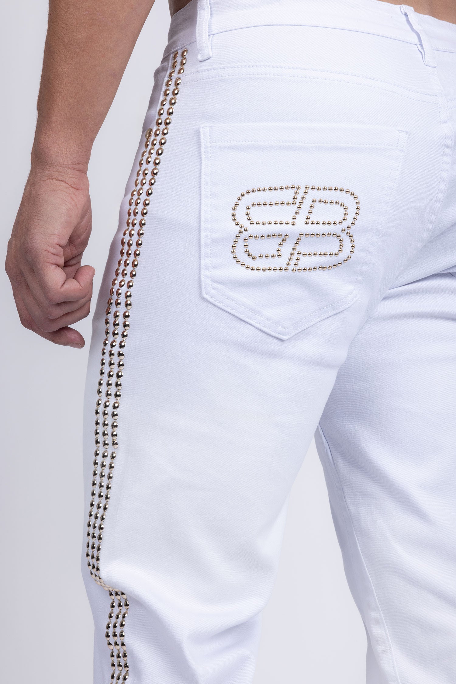 Barabas Men's Studded Stretchable Denim Solid Color Jeans 5ED04 White Gold