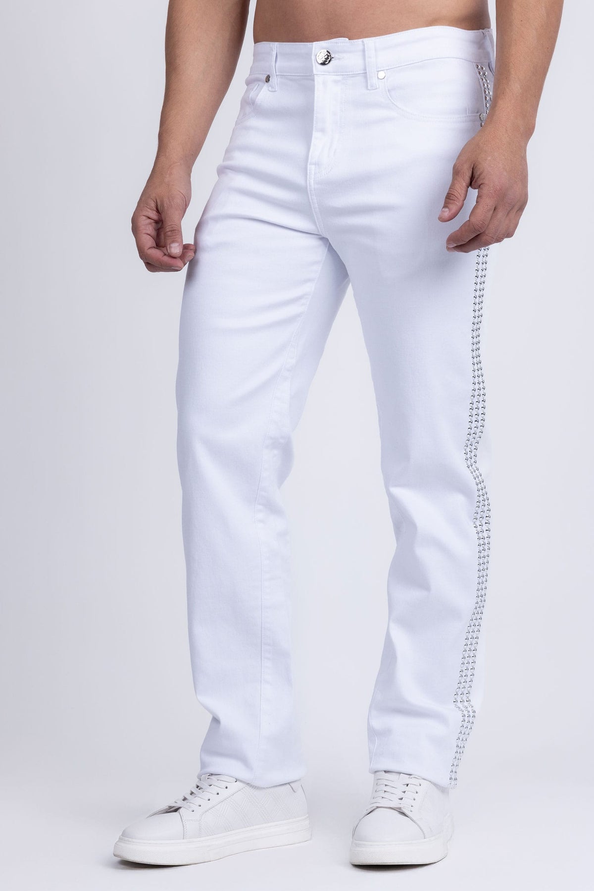 Barabas Men's Studded Stretchable Denim Solid Color Jeans 5ED04 White