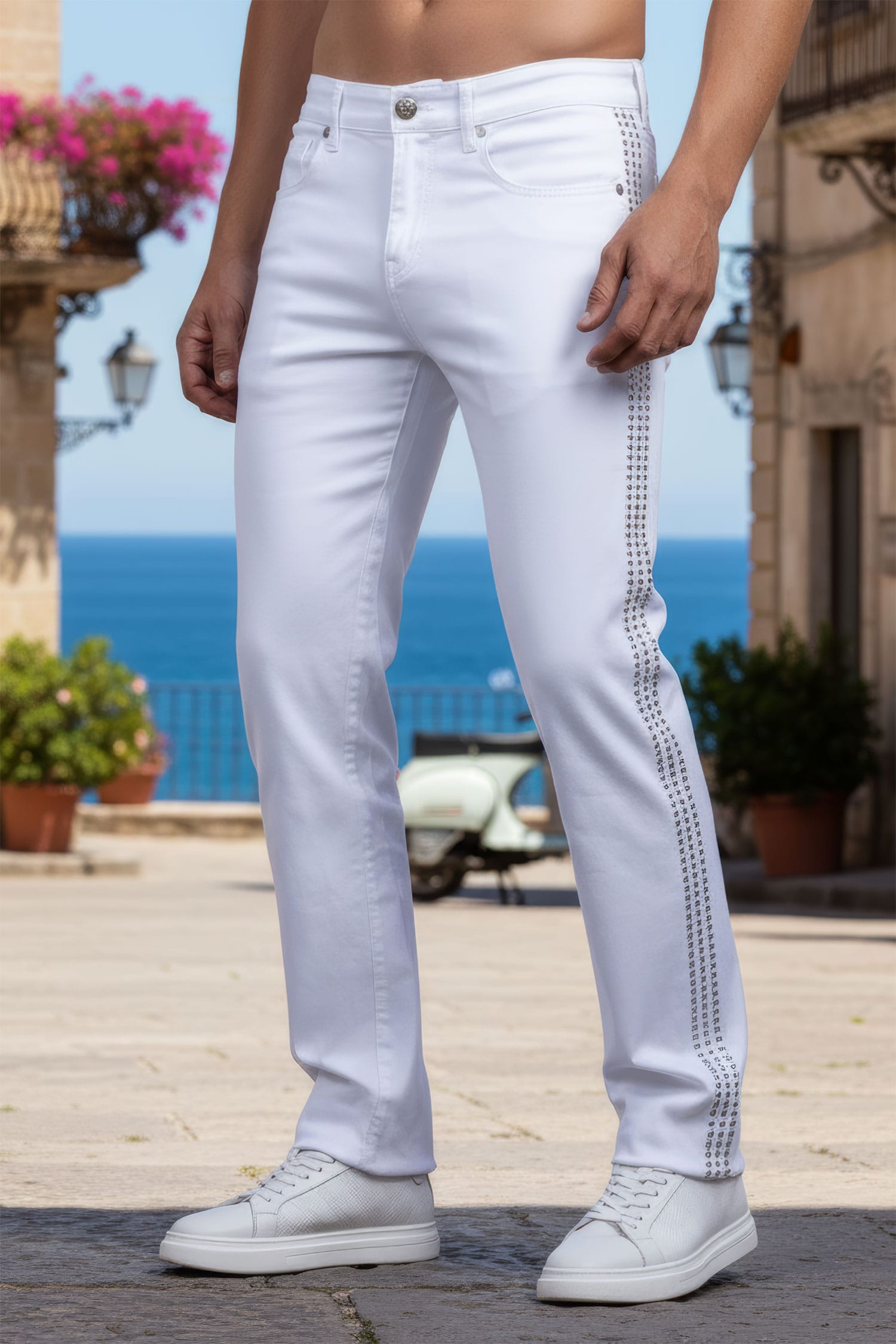 Barabas Men's Studded Stretchable Denim Solid Color Jeans 5ED04 White Silver