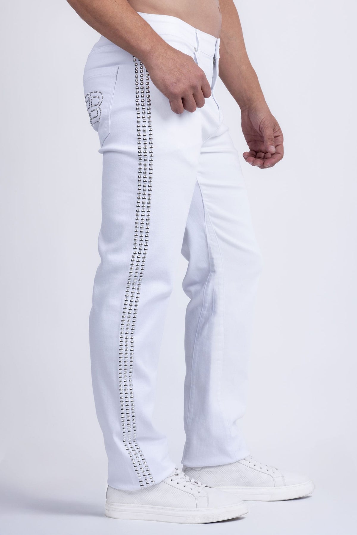 Barabas Men's Studded Stretchable Denim Solid Color Jeans 5ED04 White