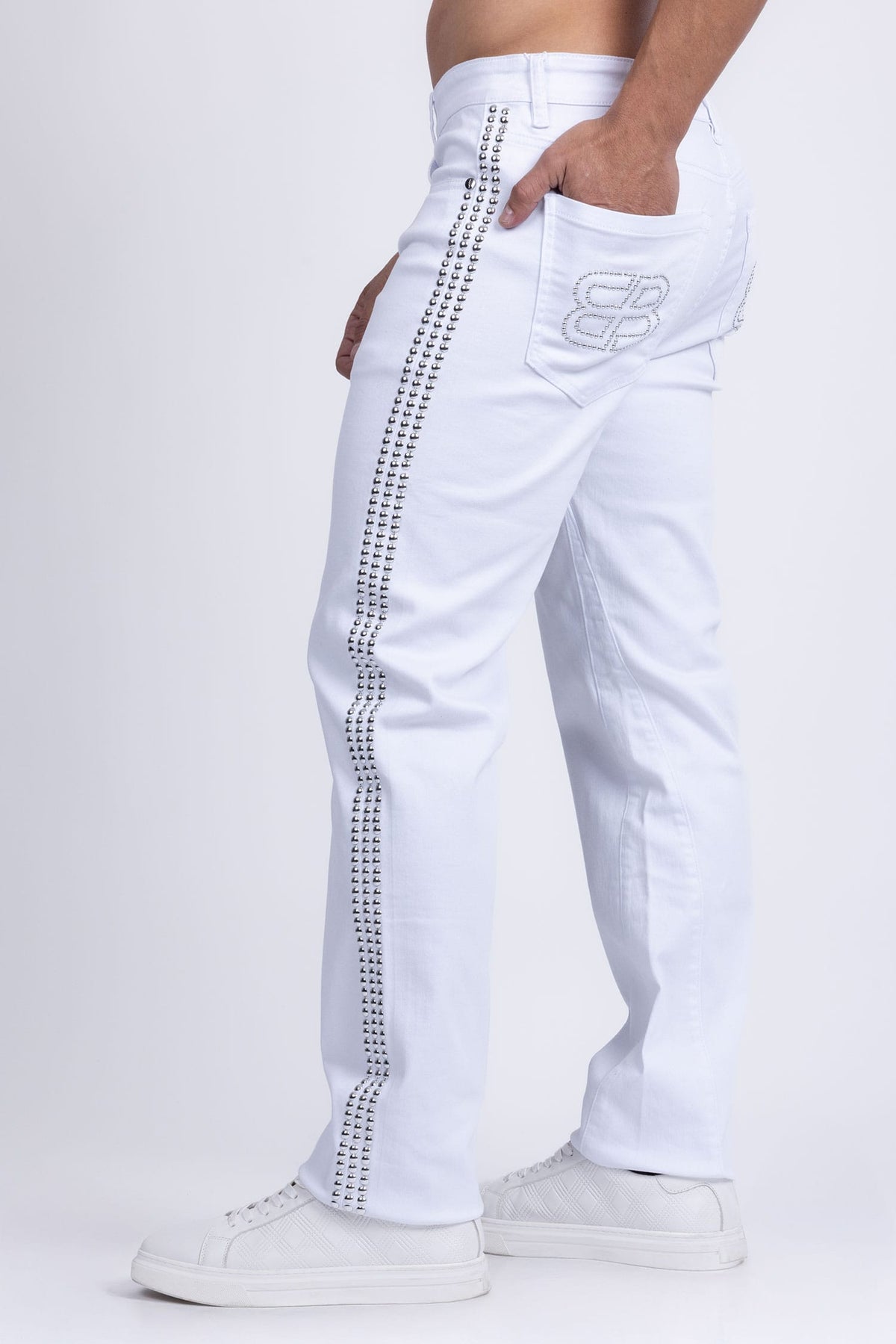 Barabas Men's Studded Stretchable Denim Solid Color Jeans 5ED04 White Silver
