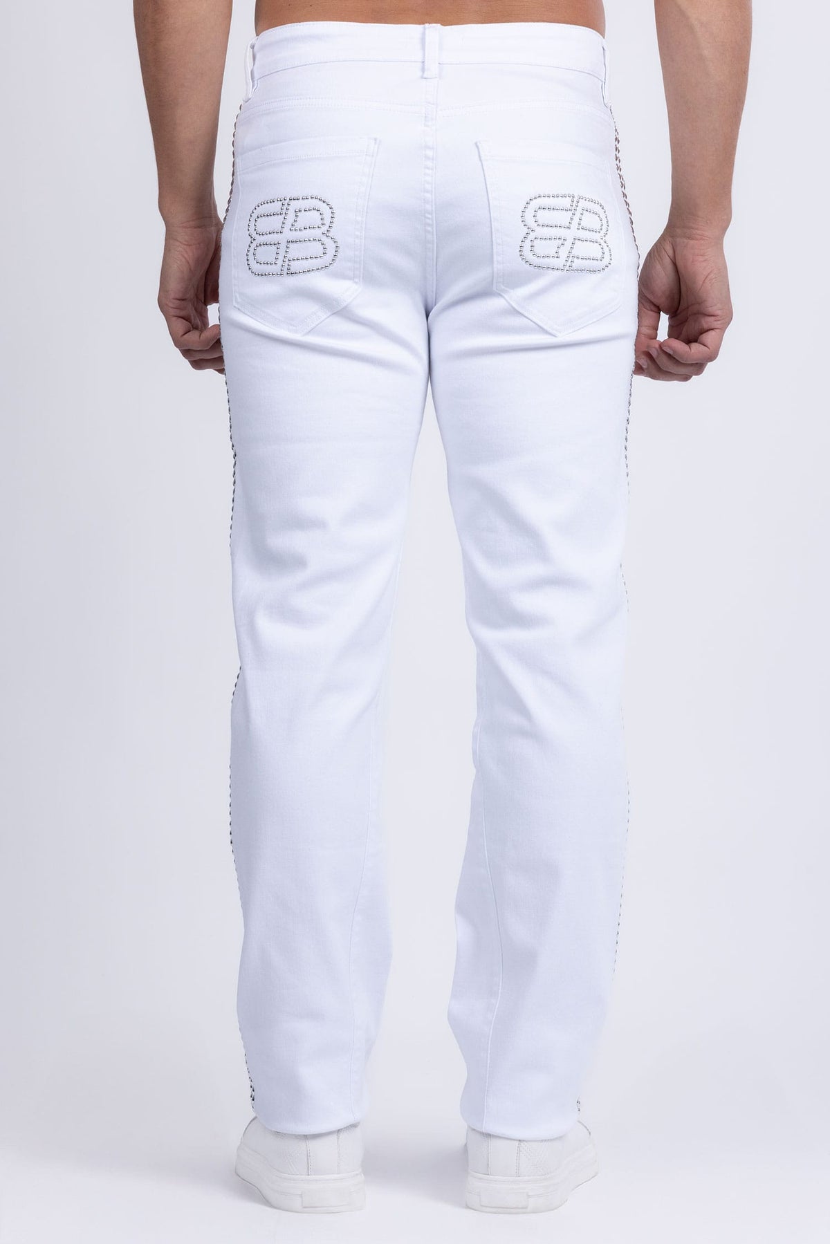 Barabas Men's Studded Stretchable Denim Solid Color Jeans 5ED04 White Silver