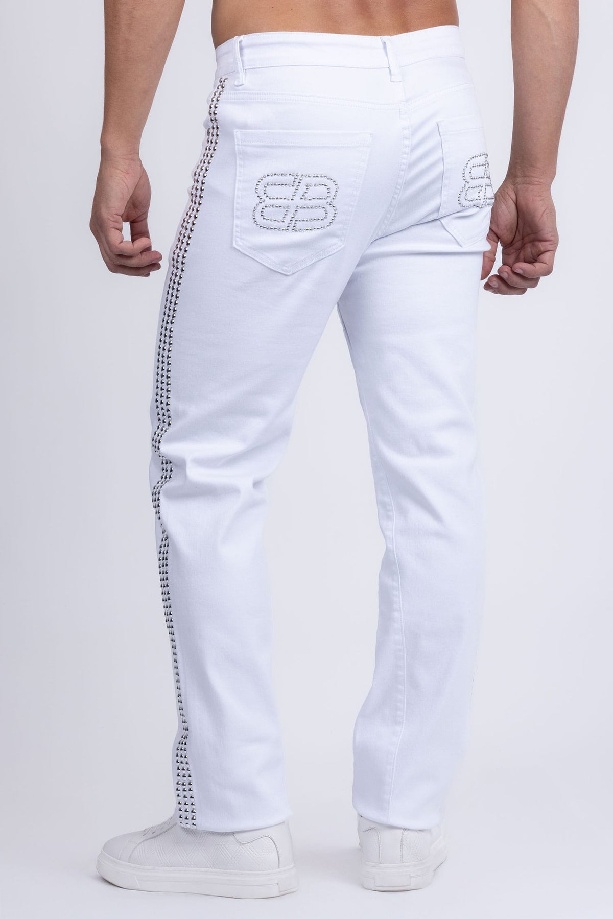 Barabas Men's Studded Stretchable Denim Solid Color Jeans 5ED04 White