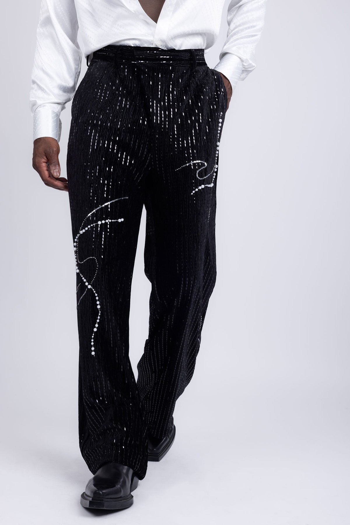 Barabas Men's Rhinestone Striped Pearls Sequins Suit 5ESU01 Black