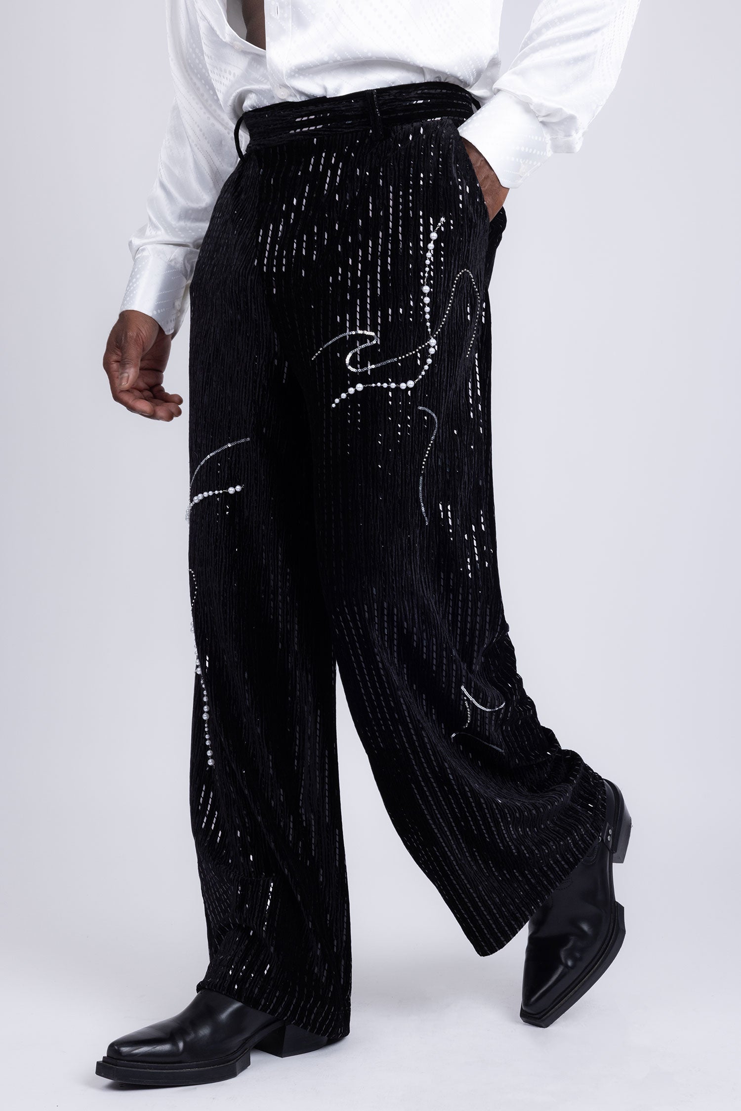 Barabas Men's Rhinestone Striped Pearls Sequins Suit 5ESU01 Black