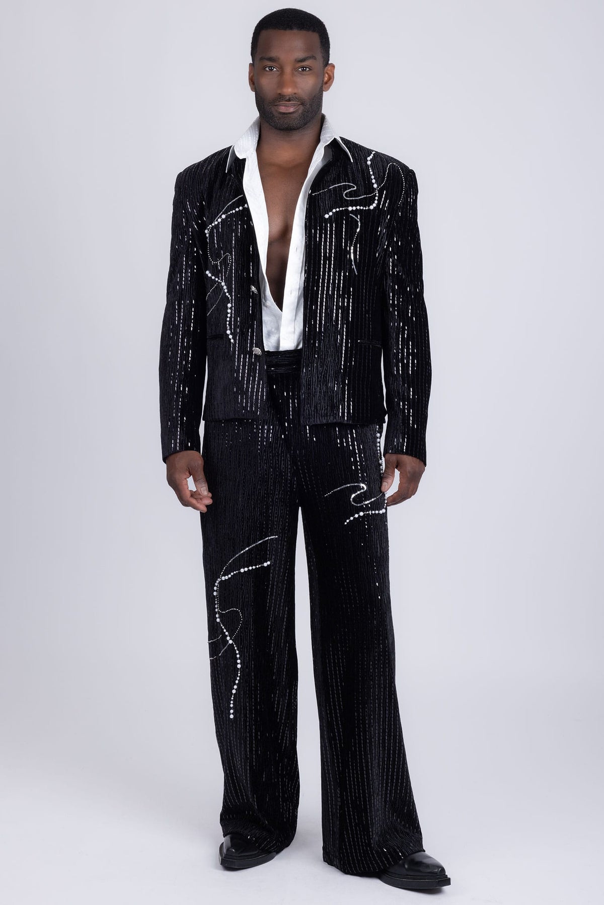 Barabas Men's Rhinestone Striped Pearls Sequins Suit 5ESU01 Black