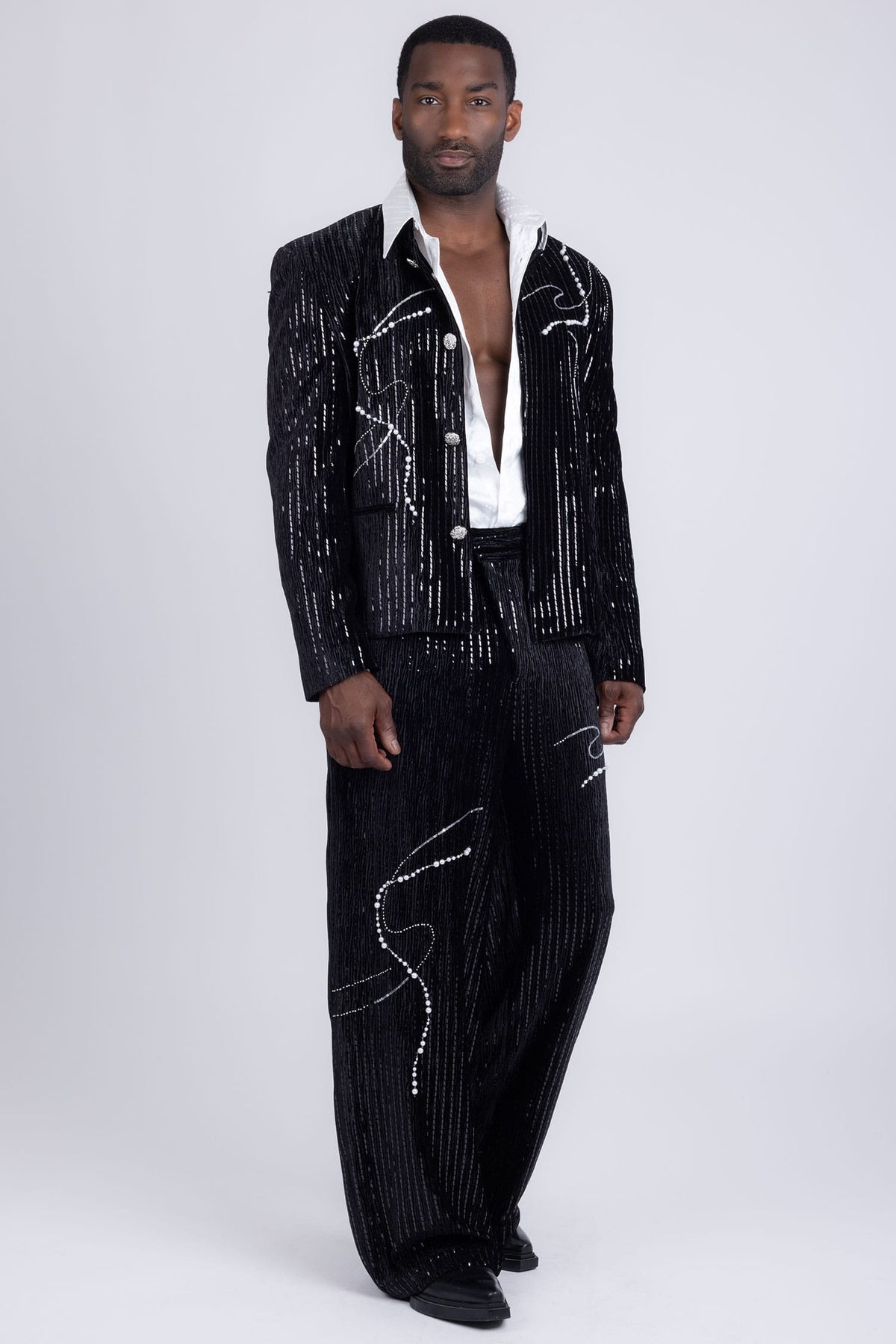 Barabas Men's Rhinestone Striped Pearls Sequins Suit 5ESU01 Black