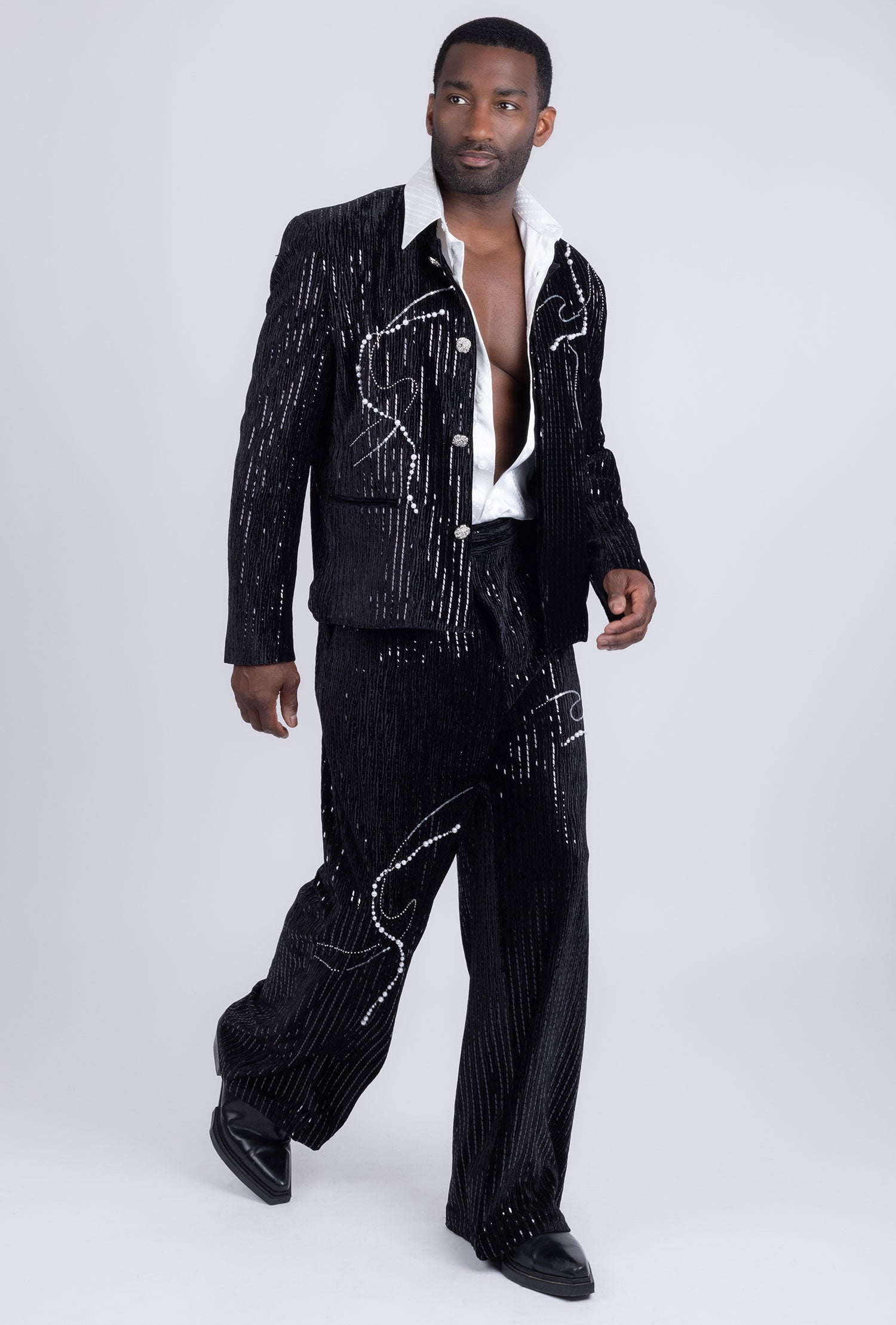 Barabas Men's Rhinestone Abstract Pattern Pearls Sequins Suit 5ESU01 Black