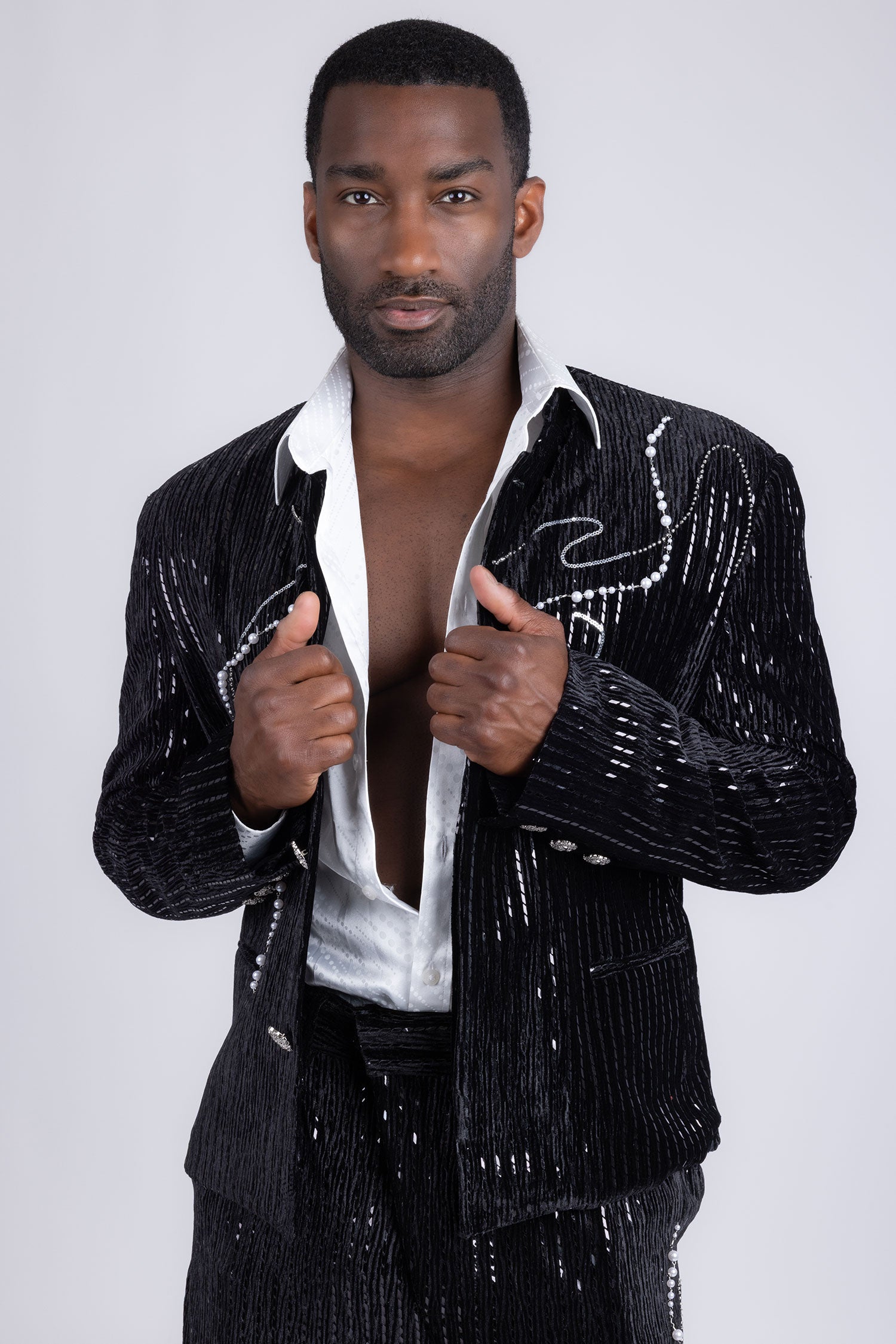 Barabas Men's Rhinestone Striped Pearls Sequins Suit 5ESU01 Black