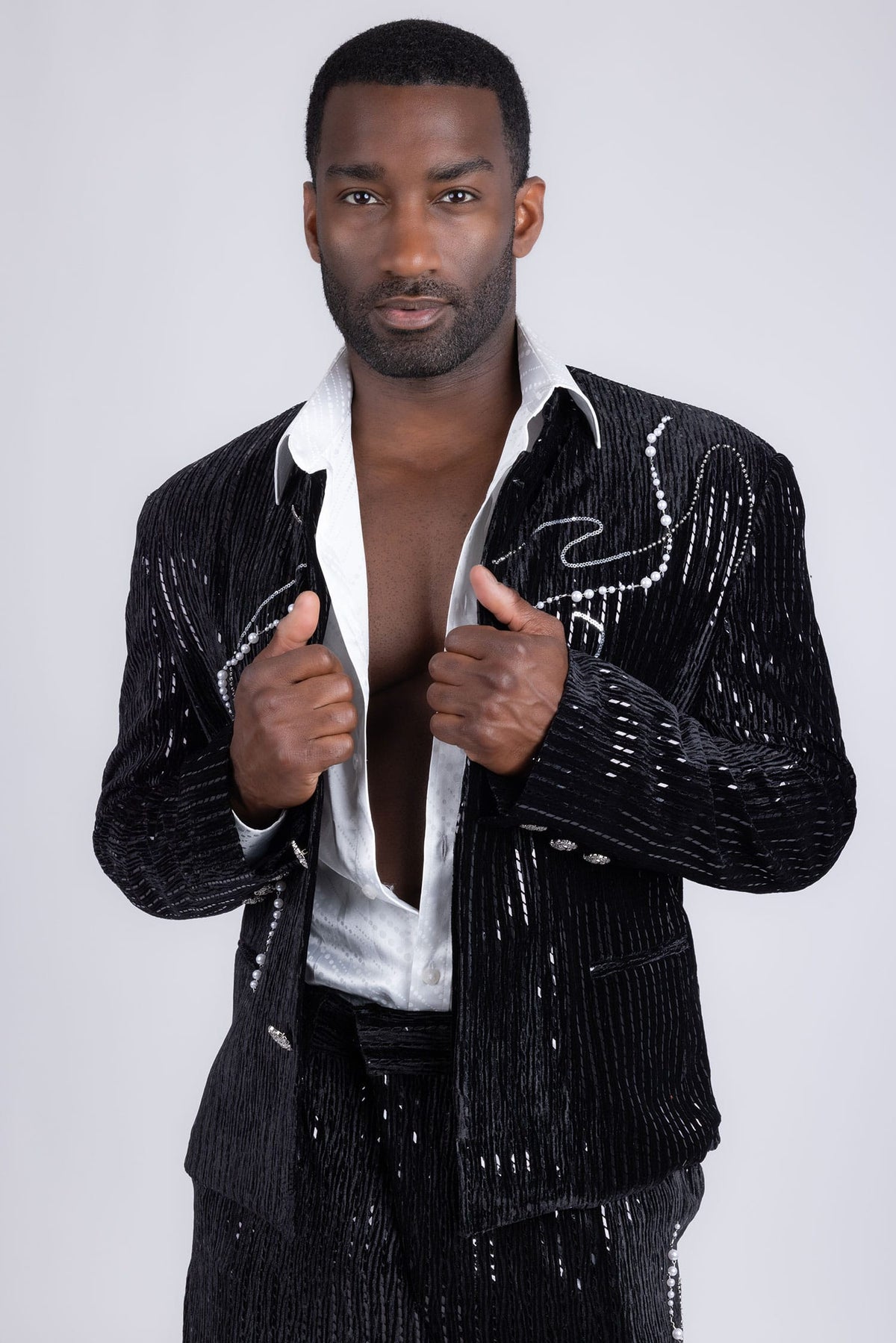 Barabas Men's Rhinestone Striped Pearls Sequins Suit 5ESU01 Black