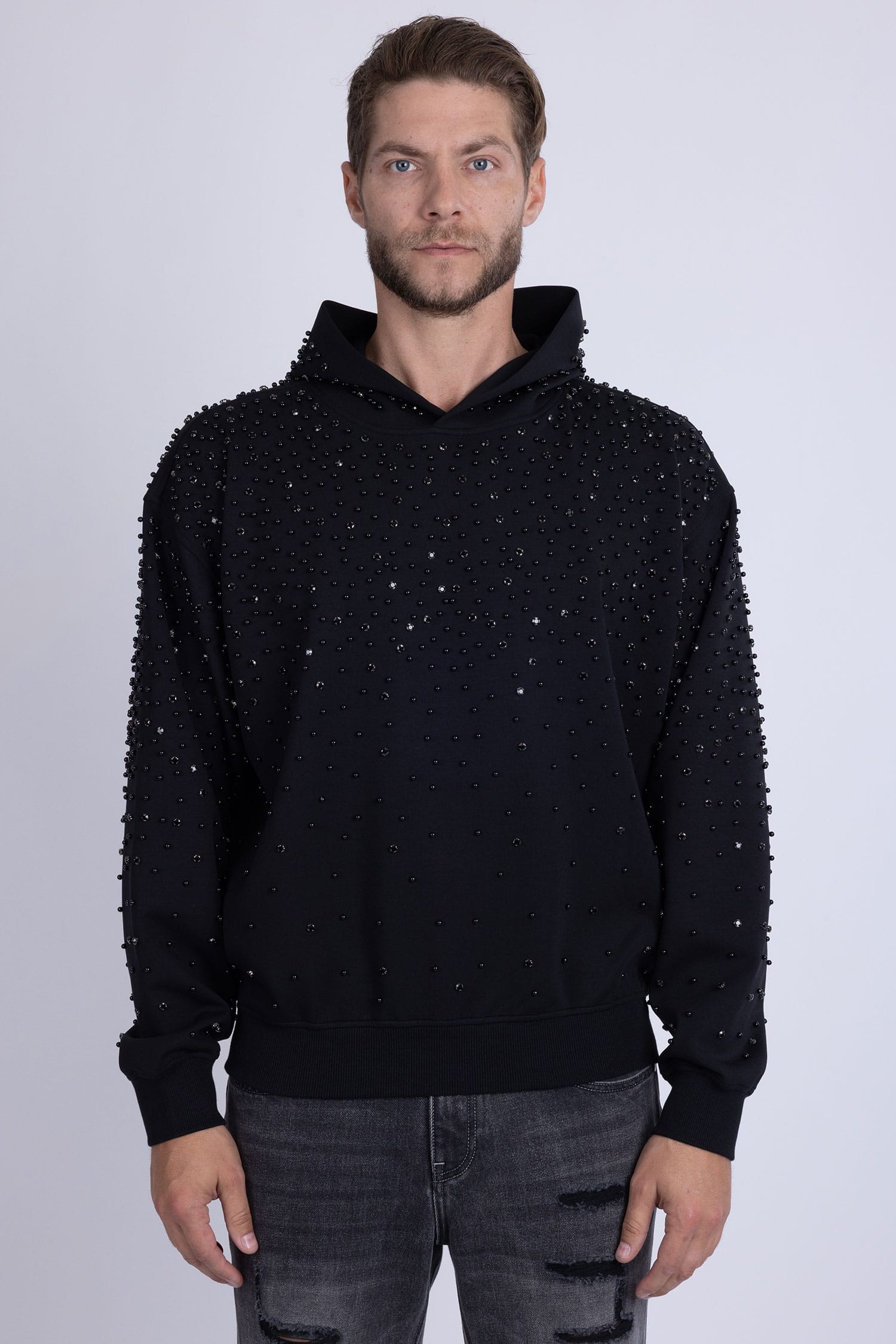 Barabas Men's Hooded Rhinestone Stretch Cardigan Sweater 5HD01 Black