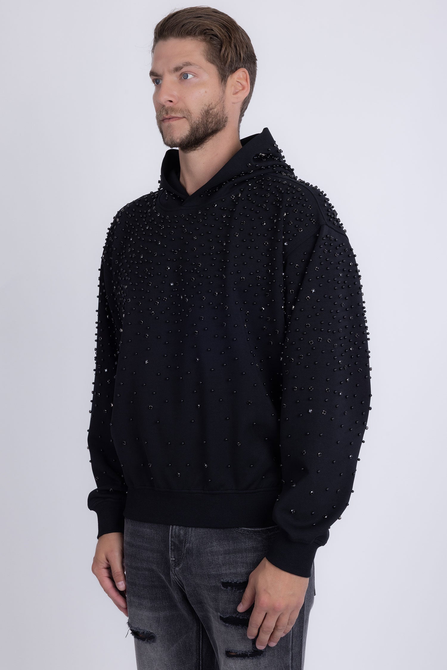 Barabas Men's Hooded Rhinestone Stretch Cardigan Sweater 5HD01 Black