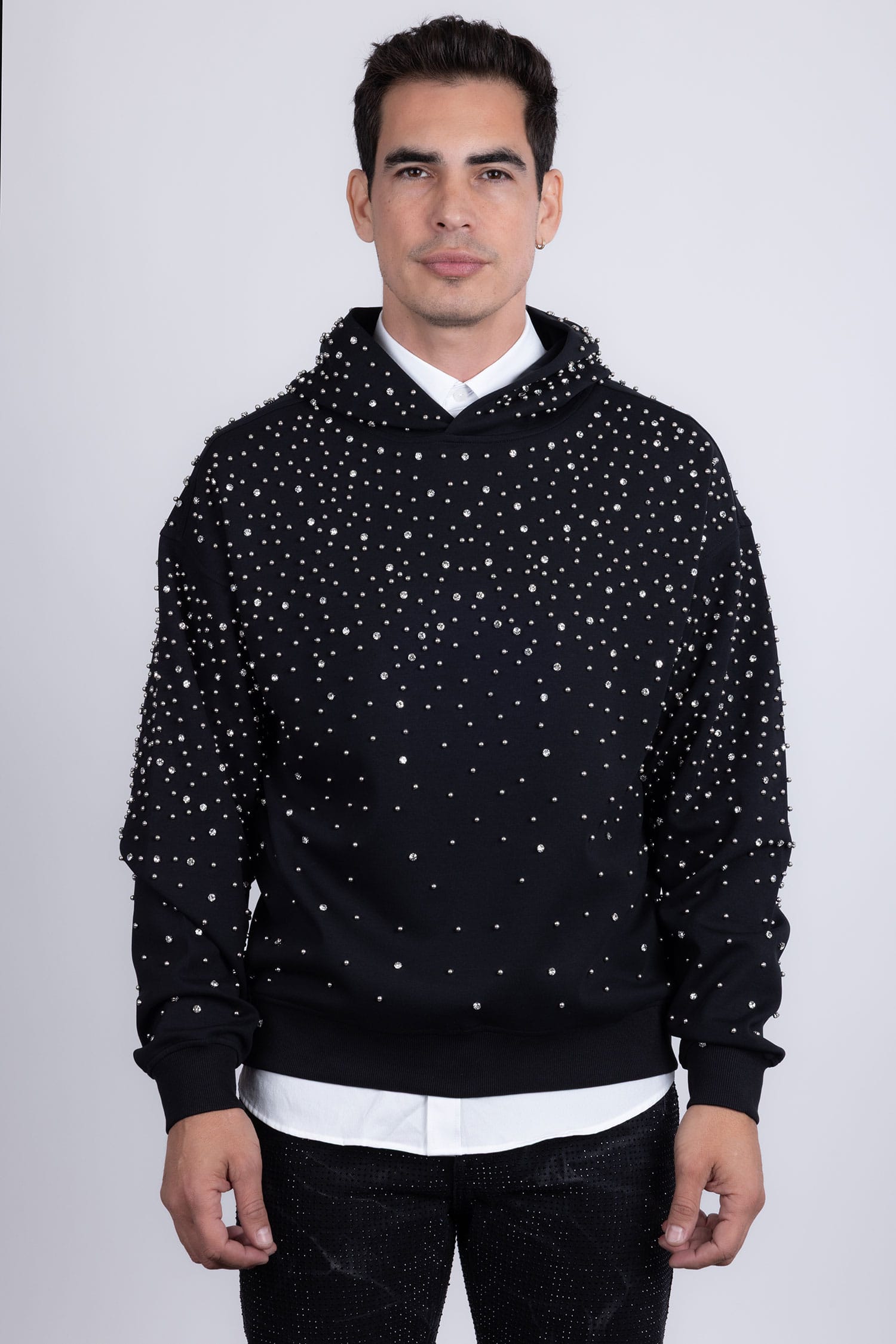 Barabas Men's Hooded Rhinestone Stretch Cardigan Sweater 5HD01 Black Silver