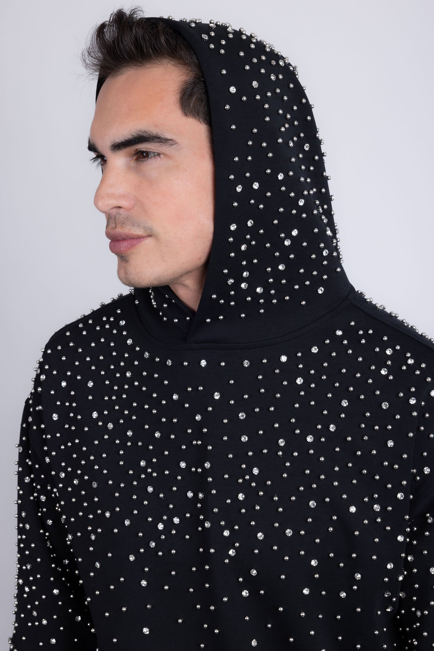 Barabas Men's Hooded Rhinestone Stretch Cardigan Sweater 5HD01 Black Silver