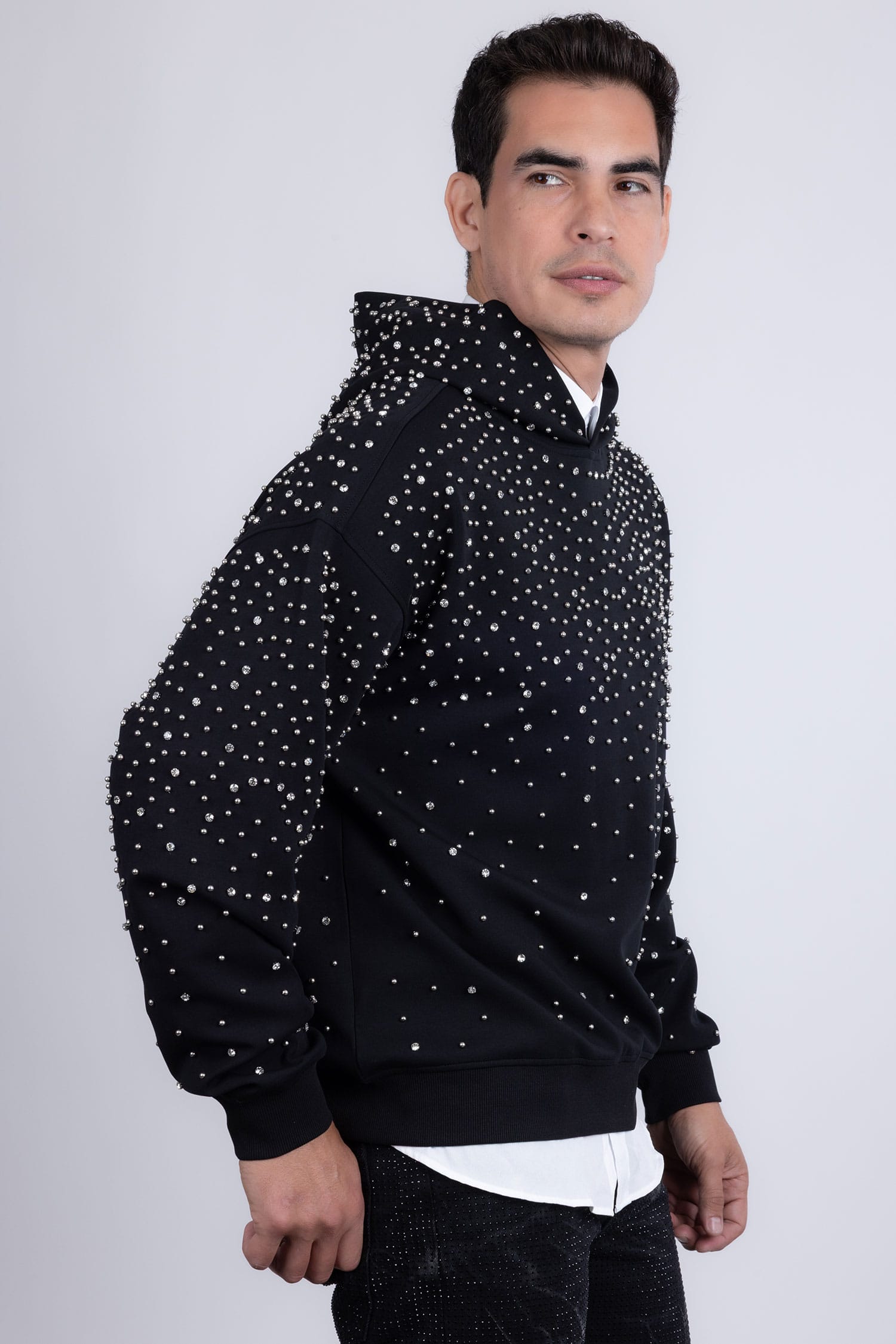 Barabas Men's Hooded Rhinestone Stretch Cardigan Sweater 5HD01 Black Silver