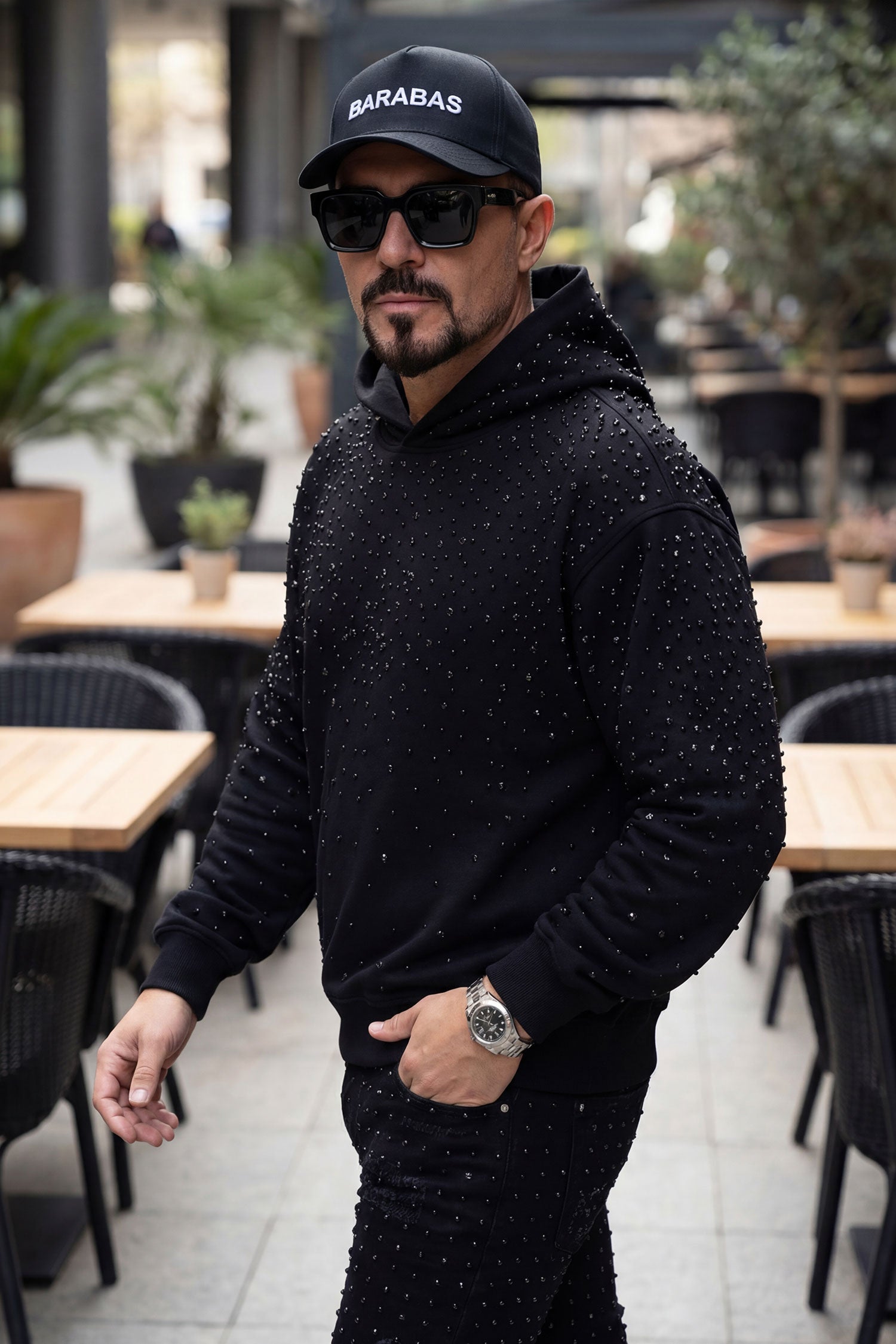 Barabas Men's Hooded Rhinestone Stretch Cardigan Sweater 5HD01 Black