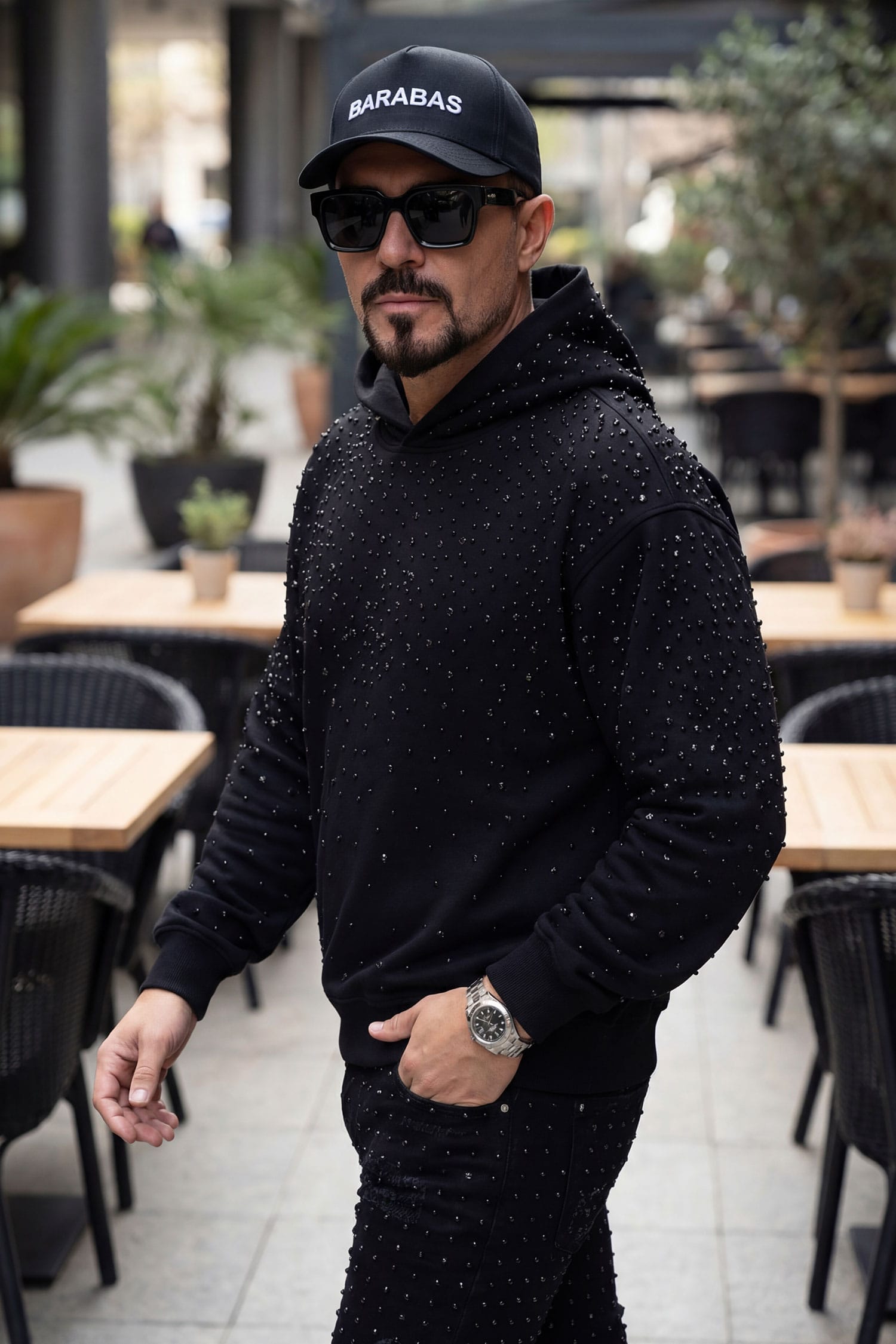 Barabas Men's Hooded Rhinestone Stretch Cardigan Sweater 5HD01 Black