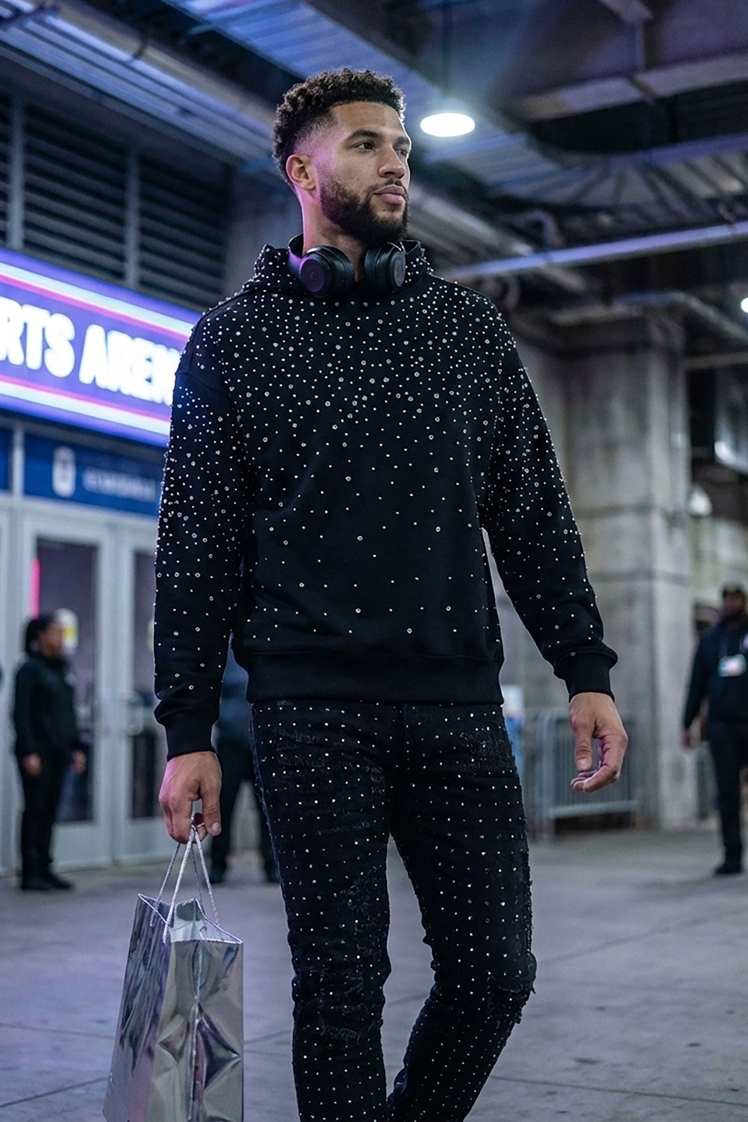 Barabas Men's Hooded Rhinestone Stretch Cardigan Sweater 5HD01 Black Silver