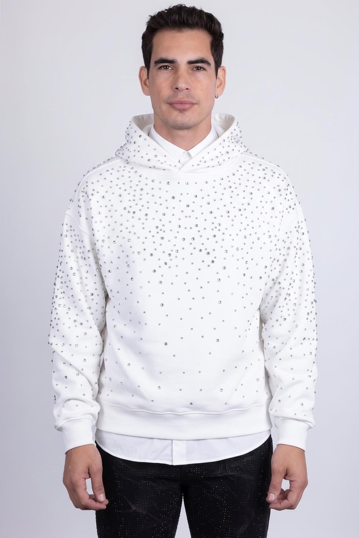 Barabas Men's Hooded Rhinestone Stretch Cardigan Sweater 5HD01 #Color_White Silver