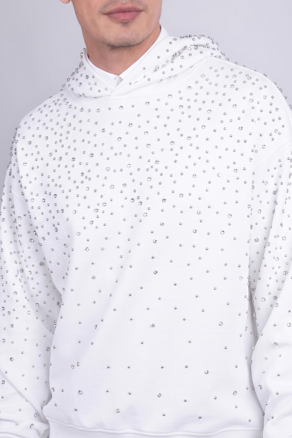 Barabas Men's Hooded Rhinestone Stretch Cardigan Sweater 5HD01 #Color_White Silver
