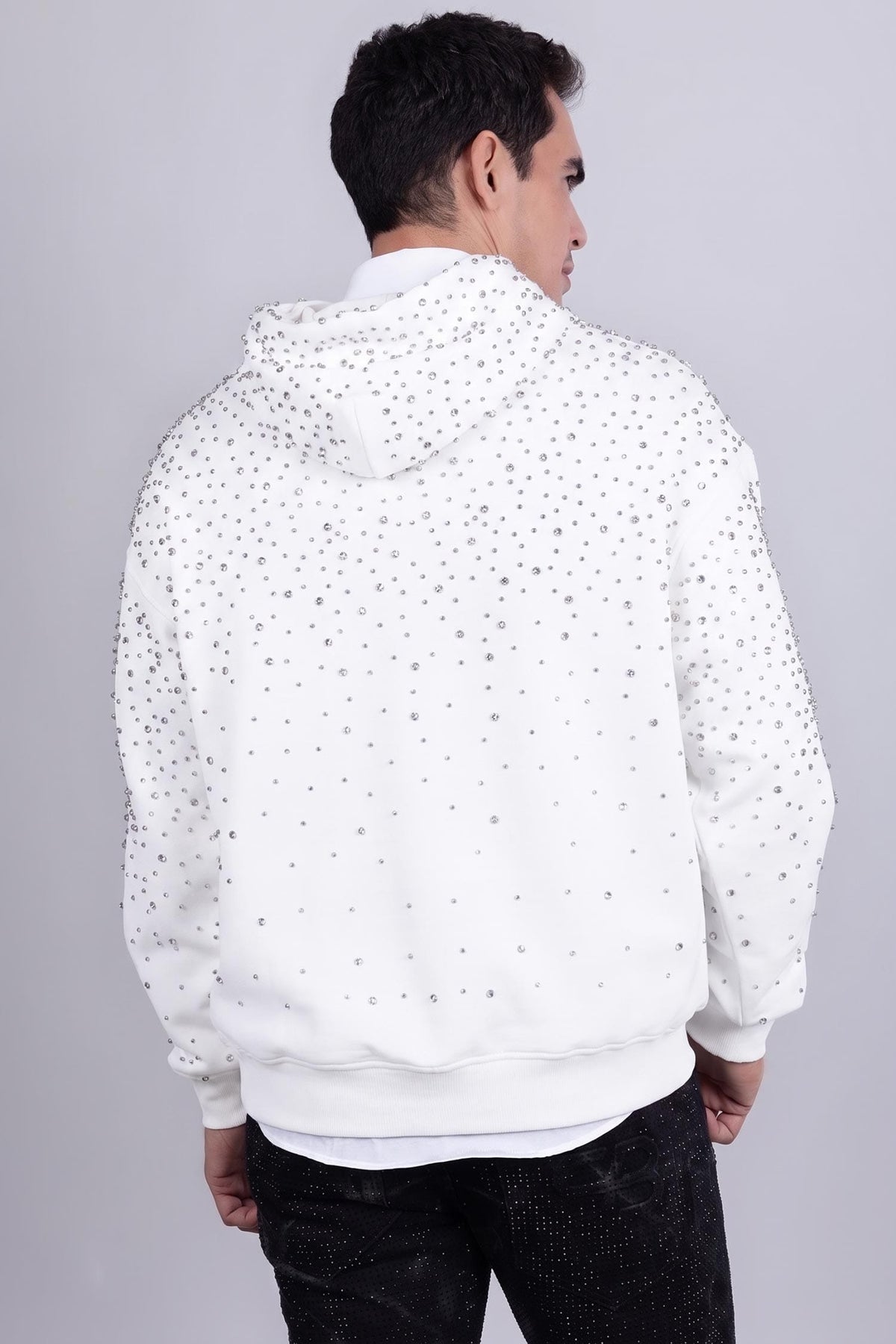 Barabas Men's Hooded Rhinestone Stretch Cardigan Sweater 5HD01 #Color_White Silver