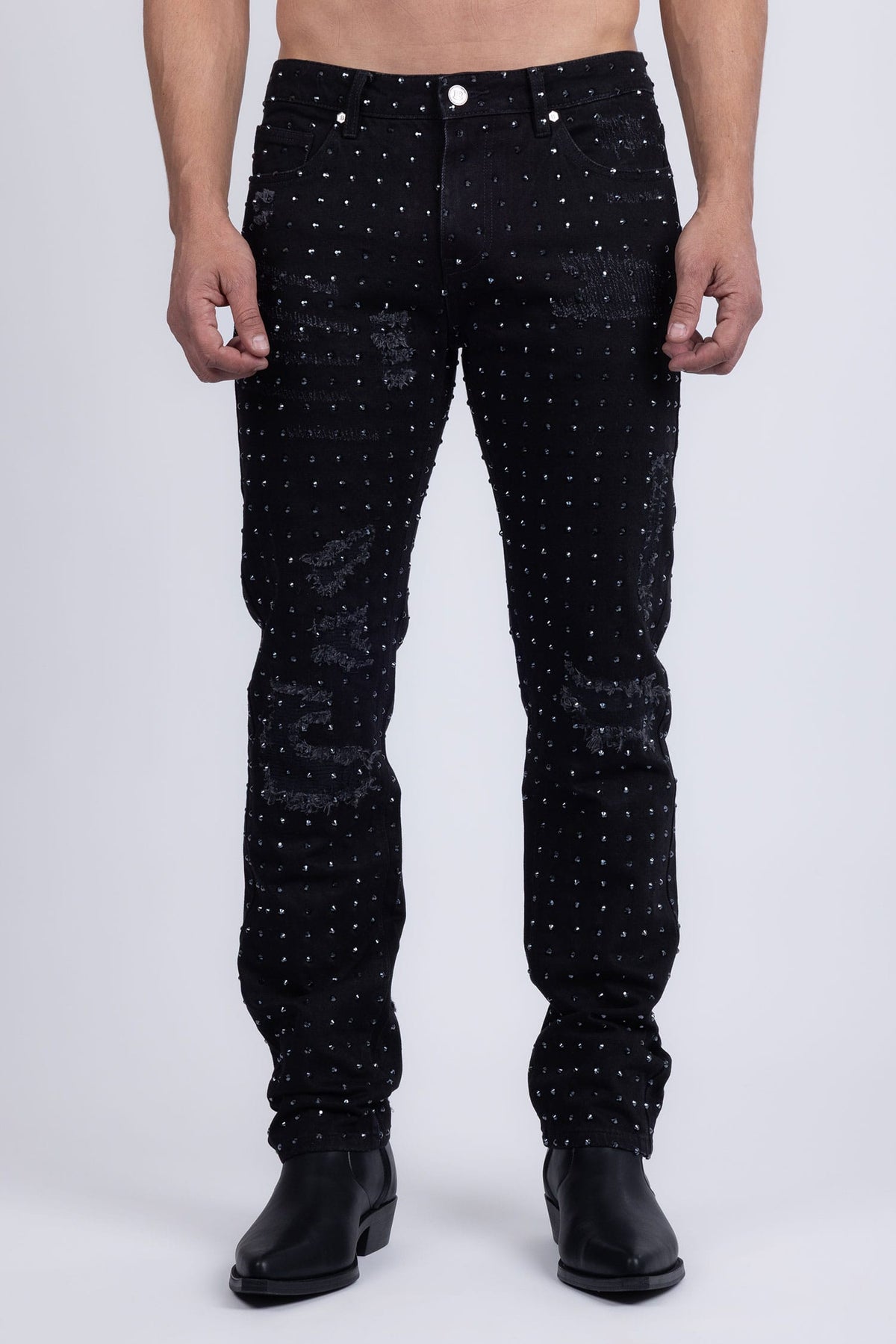 Barabas Men's Rhinestone Denim Casual Washed Jeans 5JES01 Black