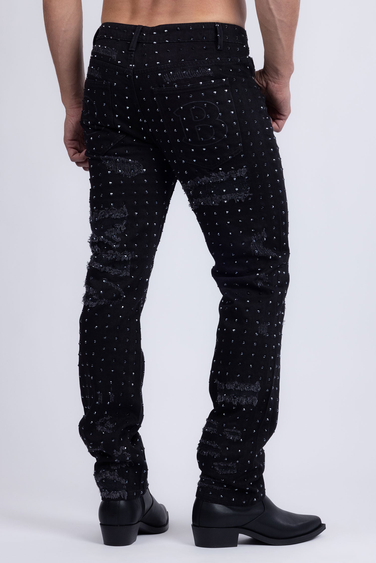 Barabas Men's Rhinestone Denim Casual Washed Jeans 5JES01 Black Gun Metal